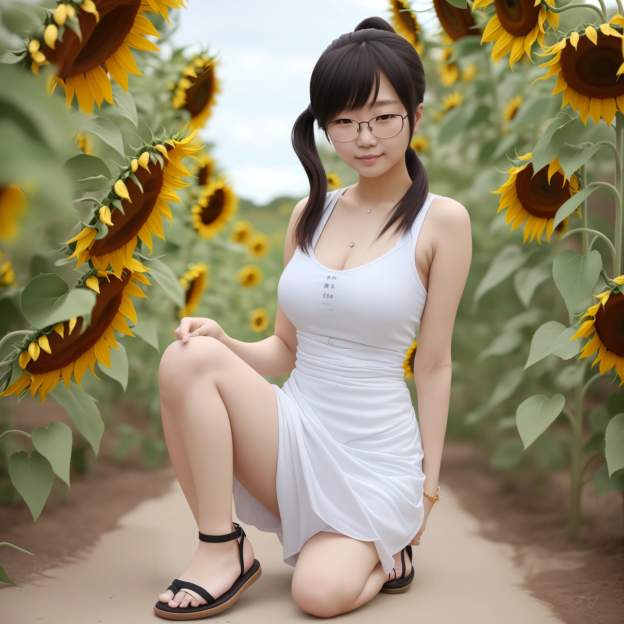 Japan people, glasses, 1 8 years old, college girl, sleeveless dress ((white), (knee-length tight dress)), 1 sandal (Akiko Takase, Kazue Kato, , Aya Takano, Etsuko Miura, Chinko, Tsugumi Oba, Chiho, Rinko Kawaichi, Takeyuki Kanda), Height 158 cm, weight 53 kg, bust 83 cm (D cup), waist 61 cm, hips 86 cm, personality is simple, Shoulder-length black hair (( ponytail), (sweaty), bangs, sweaty skin Solo, full body, surrounded by strong summer sunshine and sunflowers in full bloom --aut