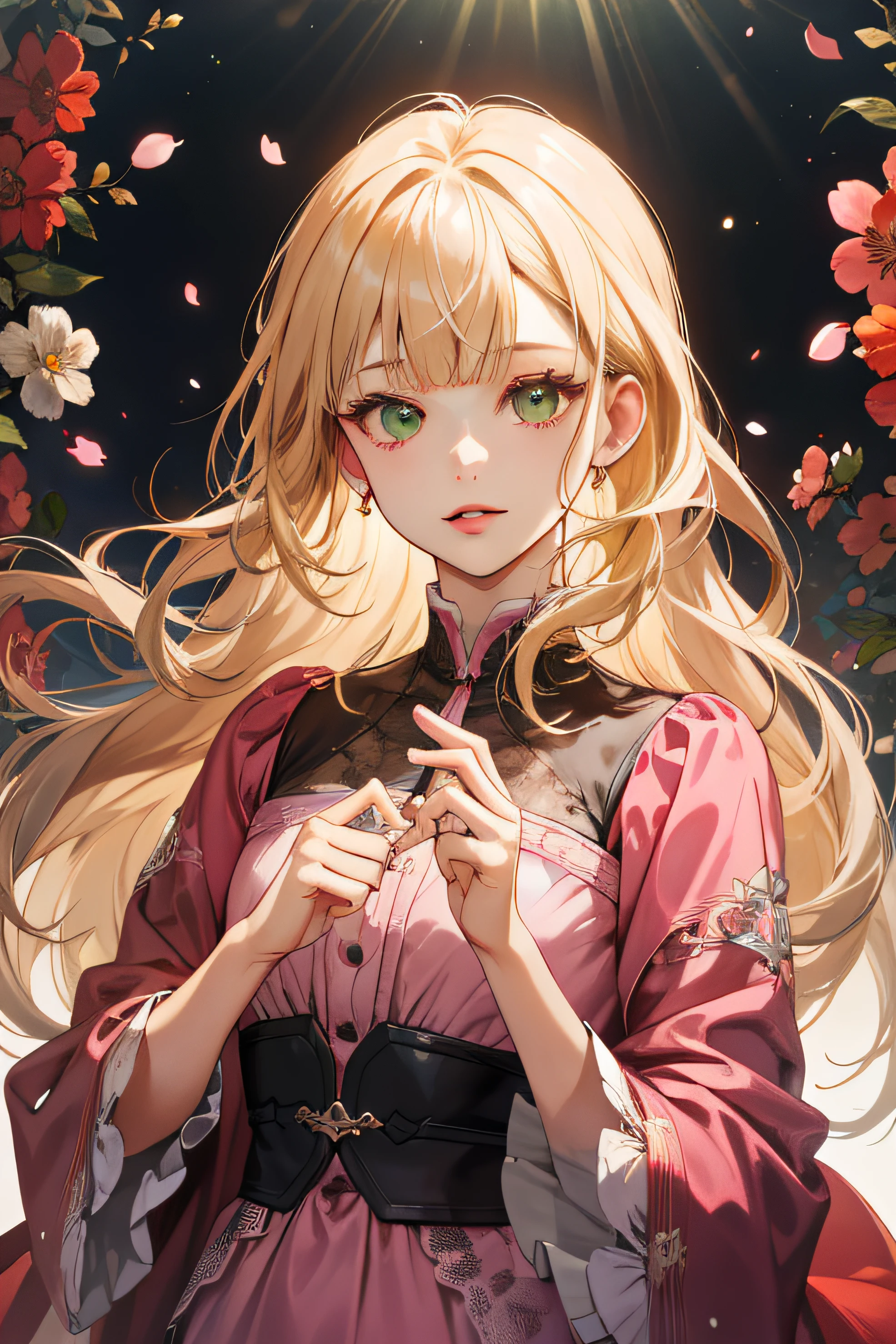 (absurdres, highres, ultra detailed), 1girl, mature female, wavy blonde hair, long hair, blunt bangs, green eyes, pink dress, finely detailed eyes and detailed face, extremely detailed CG unity 8k wallpaper, intricate details, BREAK , kaleidoscopic imagery, symmetrical patterns, vibrant colors, geometric shapes, mesmerizing designs, optical illusions, dynamic composition BREAK , pantomime art, expressive body language, silent storytelling, evocative gestures, visual narratives, theatrical performances BREAK , blooming flowers, colorful petals, fragrant scents, nature's bounty, vibrant gardens, peaceful scenery