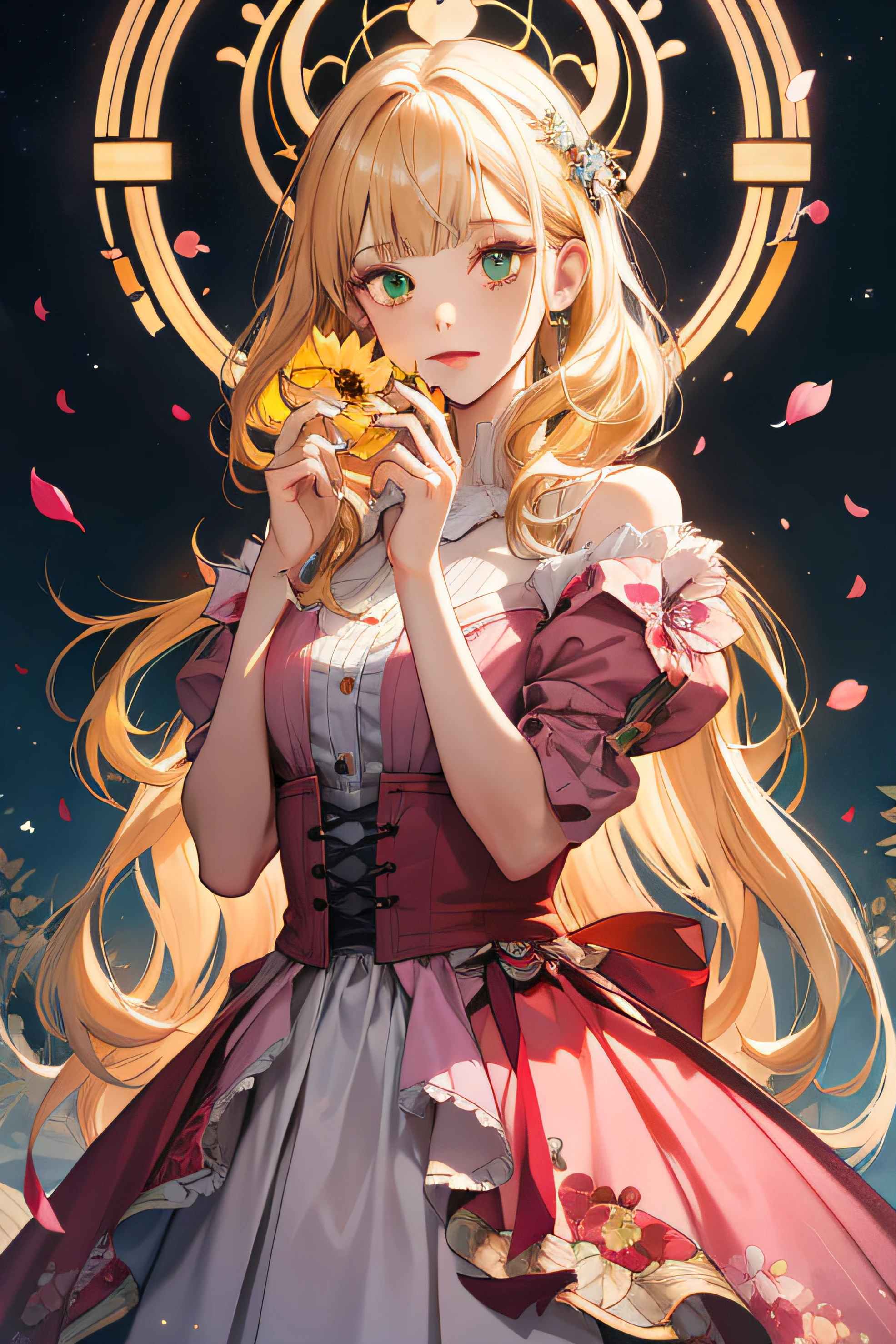 (absurdres, highres, ultra detailed), 1girl, mature female, wavy blonde hair, long hair, blunt bangs, green eyes, pink dress, finely detailed eyes and detailed face, extremely detailed CG unity 8k wallpaper, intricate details, BREAK , kaleidoscopic imagery, symmetrical patterns, vibrant colors, geometric shapes, mesmerizing designs, optical illusions, dynamic composition BREAK , pantomime art, expressive body language, silent storytelling, evocative gestures, visual narratives, theatrical performances BREAK , blooming flowers, colorful petals, fragrant scents, nature's bounty, vibrant gardens, peaceful scenery