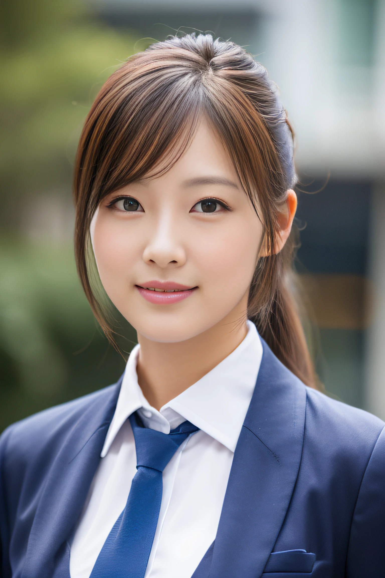 Woman in suit and tie posing for photo, professional profile picture, corporate portrait, businesswoman, well-lit professional photo, smile, ponytail, bust photo, natural pose, realistic, real face, looking at the camera, eyes consistent --auto