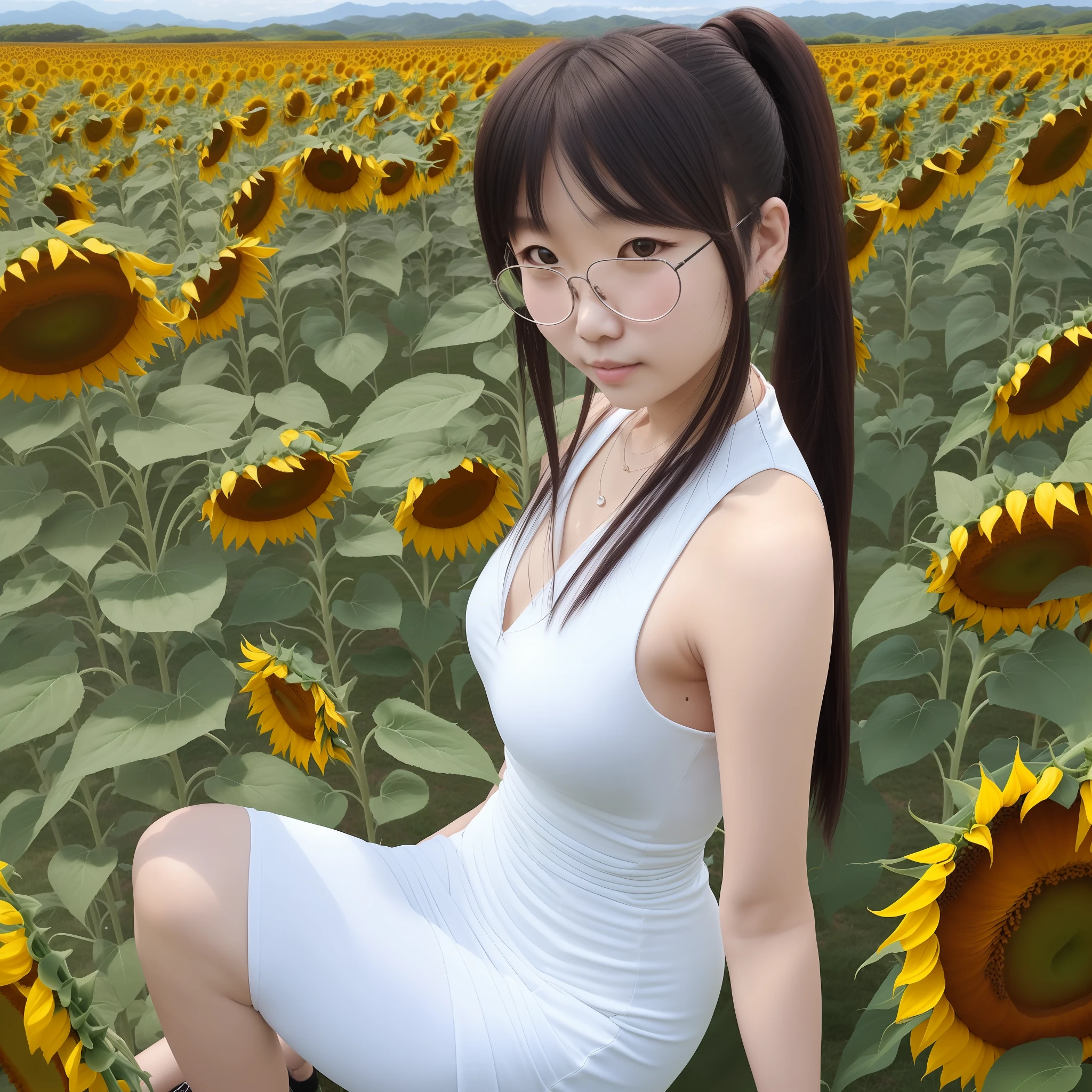Japan people, glasses, 1 8 years old, college girl, sleeveless dress ((white), (knee-length tight dress)), 1 sandal (Akiko Takase, Kazue Kato, , Aya Takano, Etsuko Miura, Chinko, Tsugumi Oba, Chiho, Rinko Kawaichi, Takeyuki Kanda), Height 158 cm, weight 53 kg, bust 83 cm (D cup), waist 61 cm, hips 86 cm, personality is simple, Shoulder-length black hair (( ponytail), (sweaty), bangs, sweaty skin Solo, full body, surrounded by strong summer sunshine and sunflowers in full bloom --aut