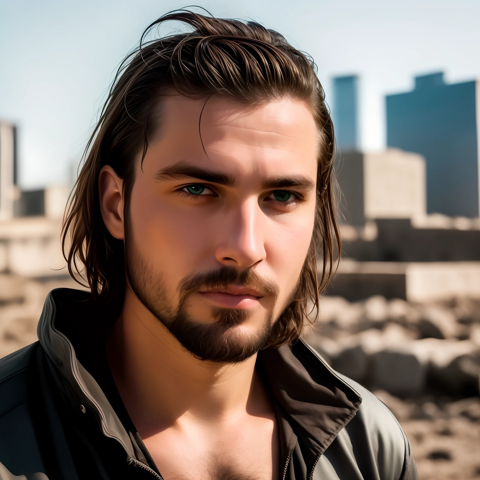 Male portrait, close-up, face, man, young, beard, green eyes, brown hair.