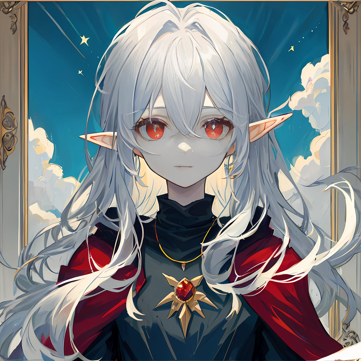 (highly detailed), ((masterpiece)),(Impasto), intricate, church painting,(((1 girl))) , painting frame, fantasy ,delicate grassland,sorceress,shepherd long white hair,red dragon eye, white dress ,(pretty face),beautiful detailed face,extremely delicate and beautiful girls,alps,evergreen coniferous forest,clear sky,wind,beautiful sky,cumulus,{beautiful detailed sky},beautiful detail eyes, expressionless, vampire, elf, solo, necklace, {black cloak}, (red inner cape), silver hair, medium hair, expressionless, {sparkling stars}, ((hair between eyes)), messy hair, {{red eyes}}, {pointed ears}, {depth of field}, (starry tornado: 1.4), {nebula},