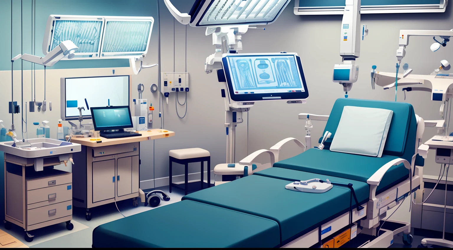 "(create a ((Surgical Center)), hospital bed, with a realistic atmosphere, equipped with modern hospital equipment for a surgery scene of high precision and professionalism)"
