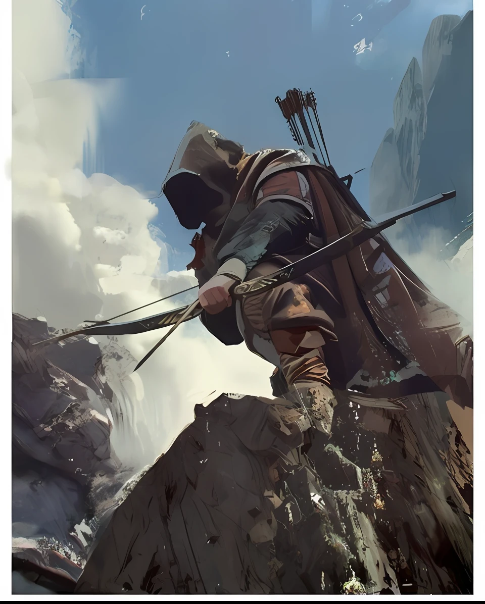 arafed man with bow and arrow on a mountain top, craig mullins style, in assassin's creed 3, inspired by Craig Mullins, craig mullins nekro, assassin's creed, craig mullins greg rutkowski, assassins creed, by Craig Mullins, assassins, assasin, craig mullins dark key, craig mullins 8 k, assassin, great composition cinematic