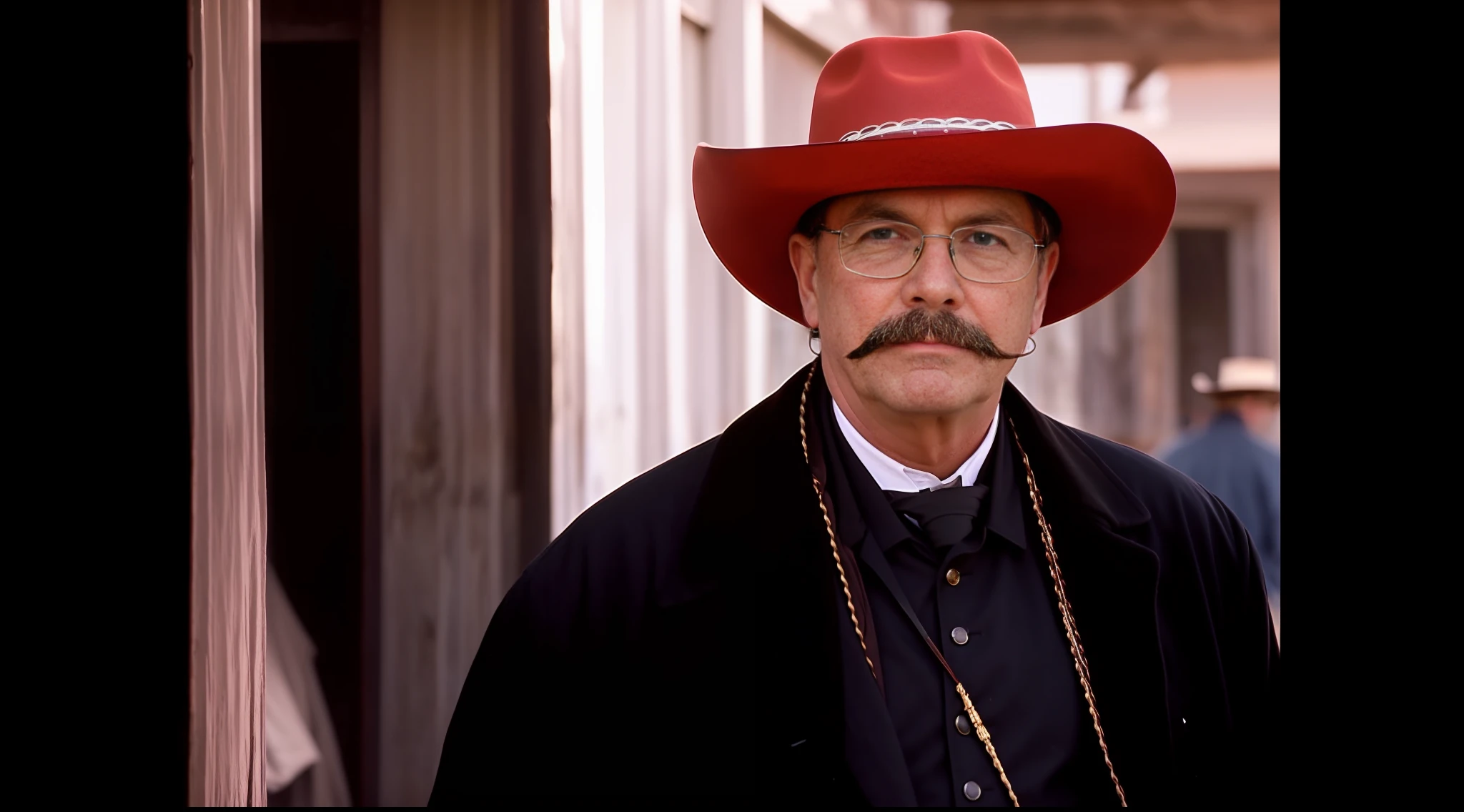 (best quality) A film still depicting a cowboy, black clothes, (red cowboy hat:1.3), white skin, mustache, 70 years old, gray hair, large cross on the chest, facing the sunset in a foreign Western scene. (western style) The scene is reminiscent of a Western movie, with shades