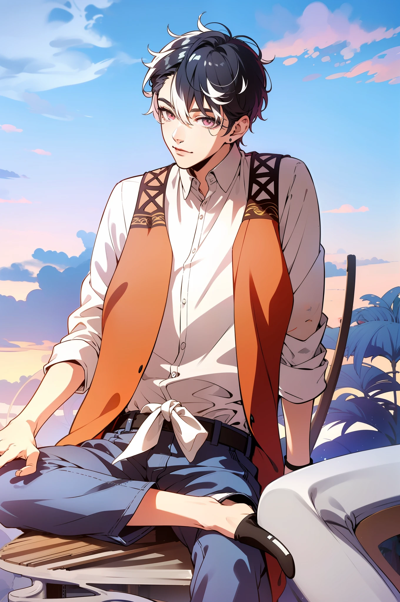 (((1boy))), ((toned)), male focus, masterpiece, high quality, (masterpiece:1.2), (best quality:1.2), shiny, realistic, ornate, intricate skin, jeweled ears, ((black and white hair)), (short hair), pink eyes, bangs, hair between eyes, hair_stick, idol_boy, idol_clothes, jewelry, solo, hair_bun, hair_ornament, hair_pin, holding_fan, paper_fan, elegant, looking_at_viewer, holding_fan, red_eyeliner, FH, gentle eyes, looking at the horizon, constricted pupils, dynamic pose, (shadows cast over the face:1.3), dark room, shadow room, sweet smile, (upper body)