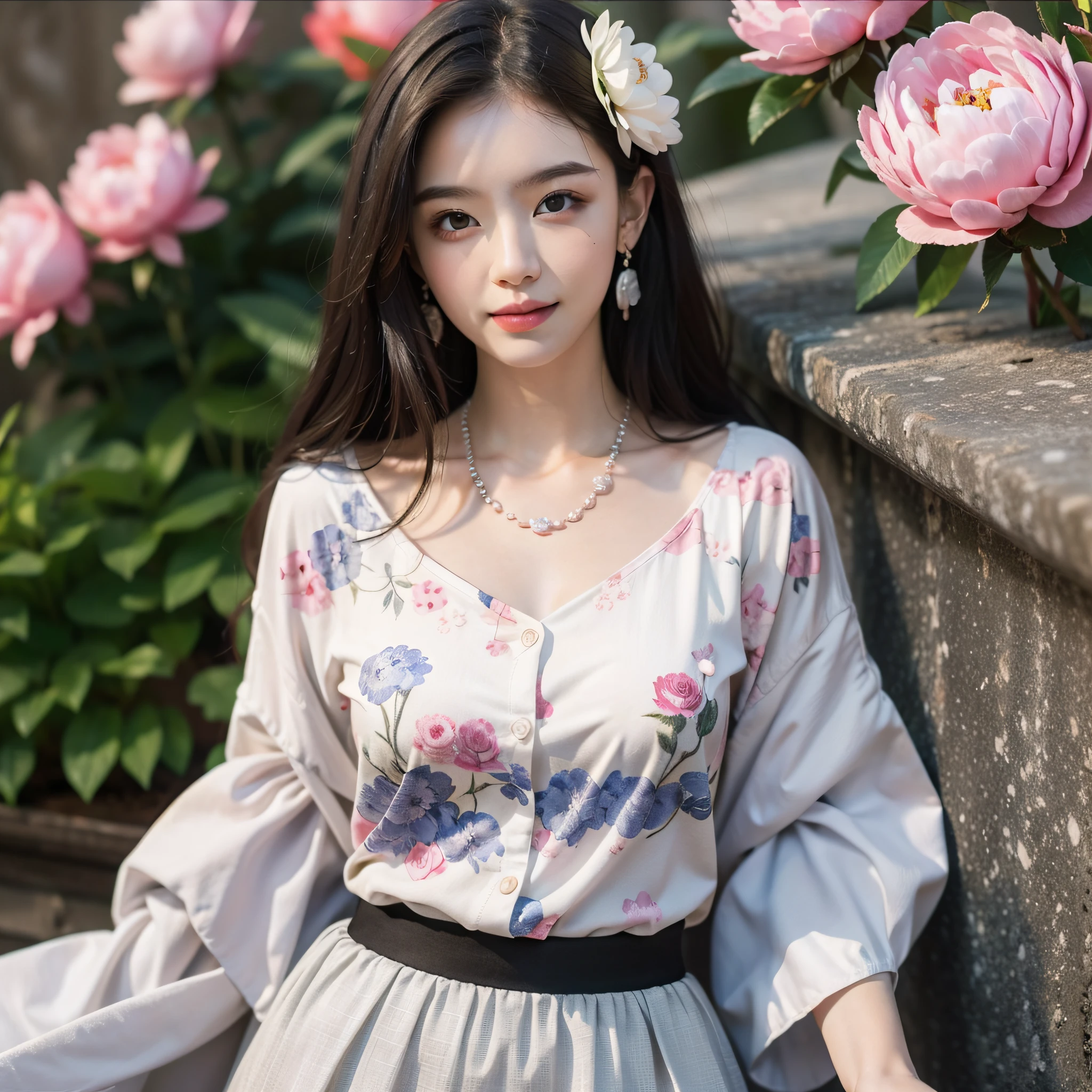 ((Best Quality, 8K, Masterpiece: 1.3)), 1girl, 1 girl, blush, (seductive smile: 0.8),, hair accessory, necklace, jia, tyndall effect, realistic, light edge, two-tone lighting, 8K ultra hd, DSLR, high quality, volumetric lighting, sneak peek, photo, high resolution, 4k, 8k, background bokeh, gorgeous clothes, earrings, 35mm, high detail hair, upper body, bust, portrait, ultra clear face, (lakeside, meadow), slender beauty, (long hairstyle casual, :1.2), gorgeous skirt: 1.1, super fine face, delicate eyes, double eyelids, black and white mixed clothes, necklaces, earrings, (dresses, shirts,) light and shadow, high detail light and shadow, (flowers, peonies, roses) (clothes print) lace trim,