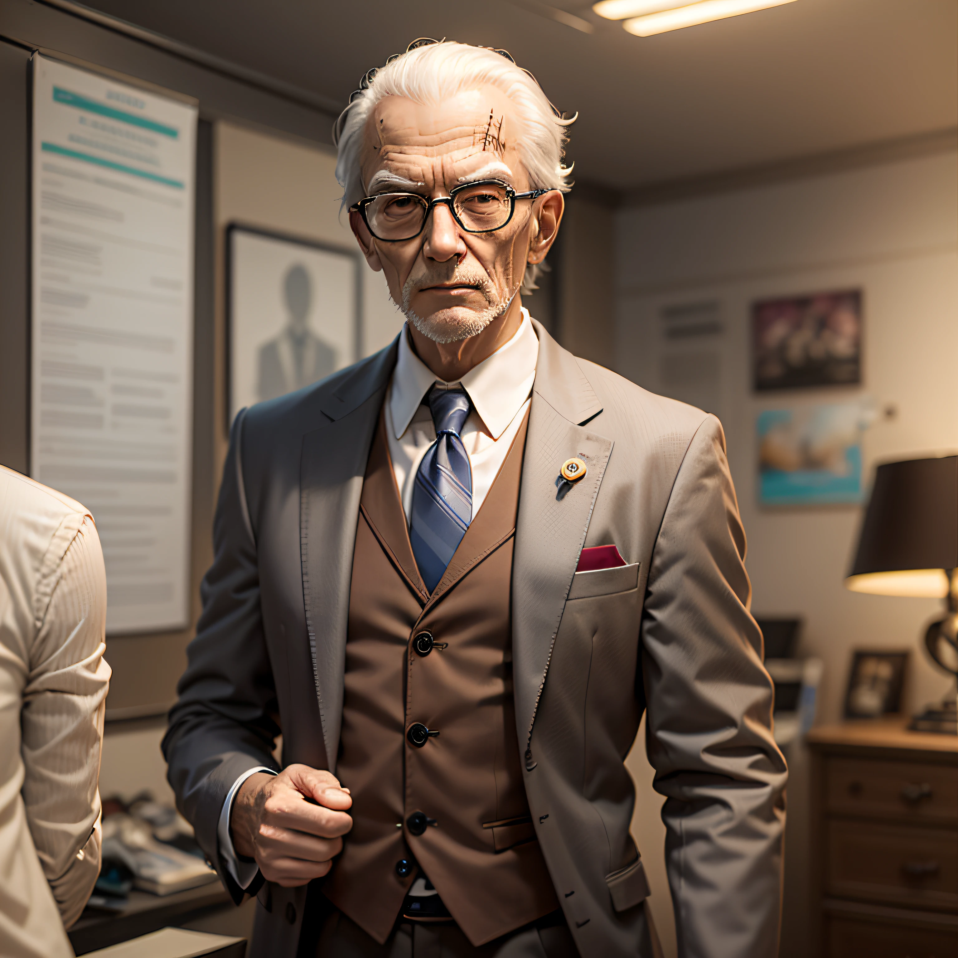 Atelier showcase, with mannequin man in suit, sinister environment, realistic mannequin of old man