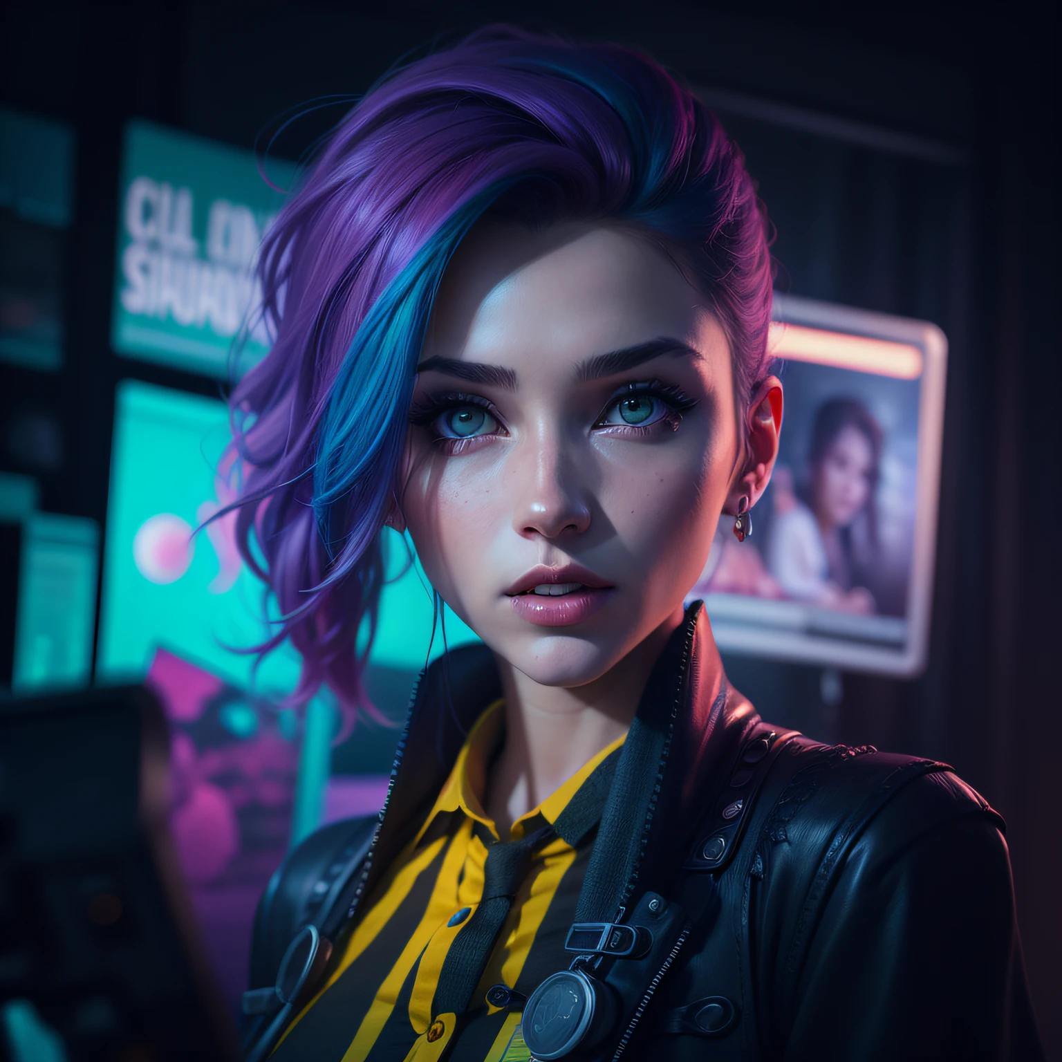 a beautiful realistic newscaster woman, Vibrant, Cybergoth, chalk art, Polaroid, Cinema4D rendering, Depth of field, rpg maker, psychedelic colors, Gull Girl, full moon lighting, realistic dramatic lighting 8k portrait fine details photorealism cinematic intricate details cinematic lighting photo realistic 8k --auto
