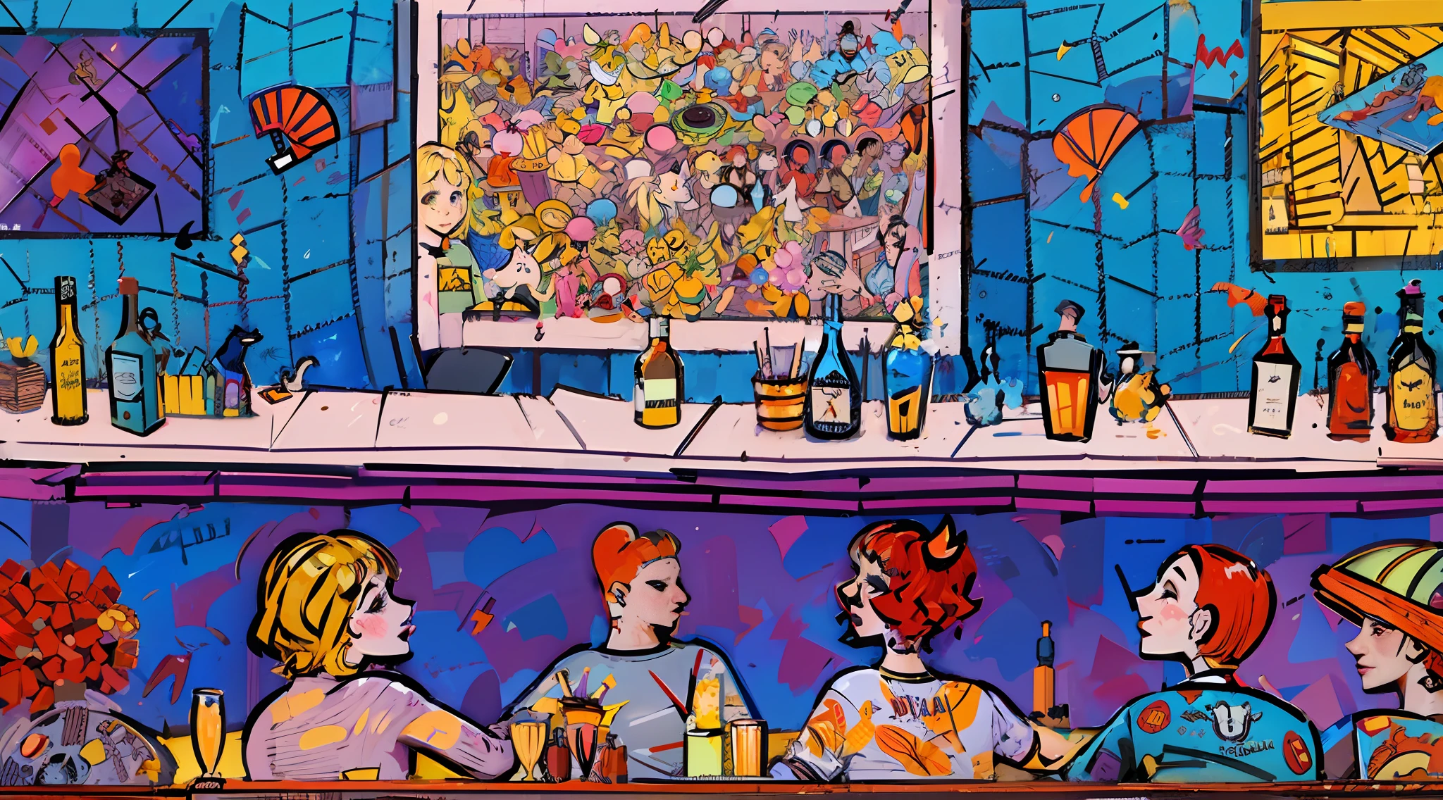painting of a group of people sitting at a bar with bottles and glasses, an illustration of a bar/lounge, in a bar, at a bar, late evening, drinking at the bar, sitting at the bar, sitting at a bar, colorful scene, by Meredith Dillman, far view, three cats drinking in a bar, sitting alone at a bar