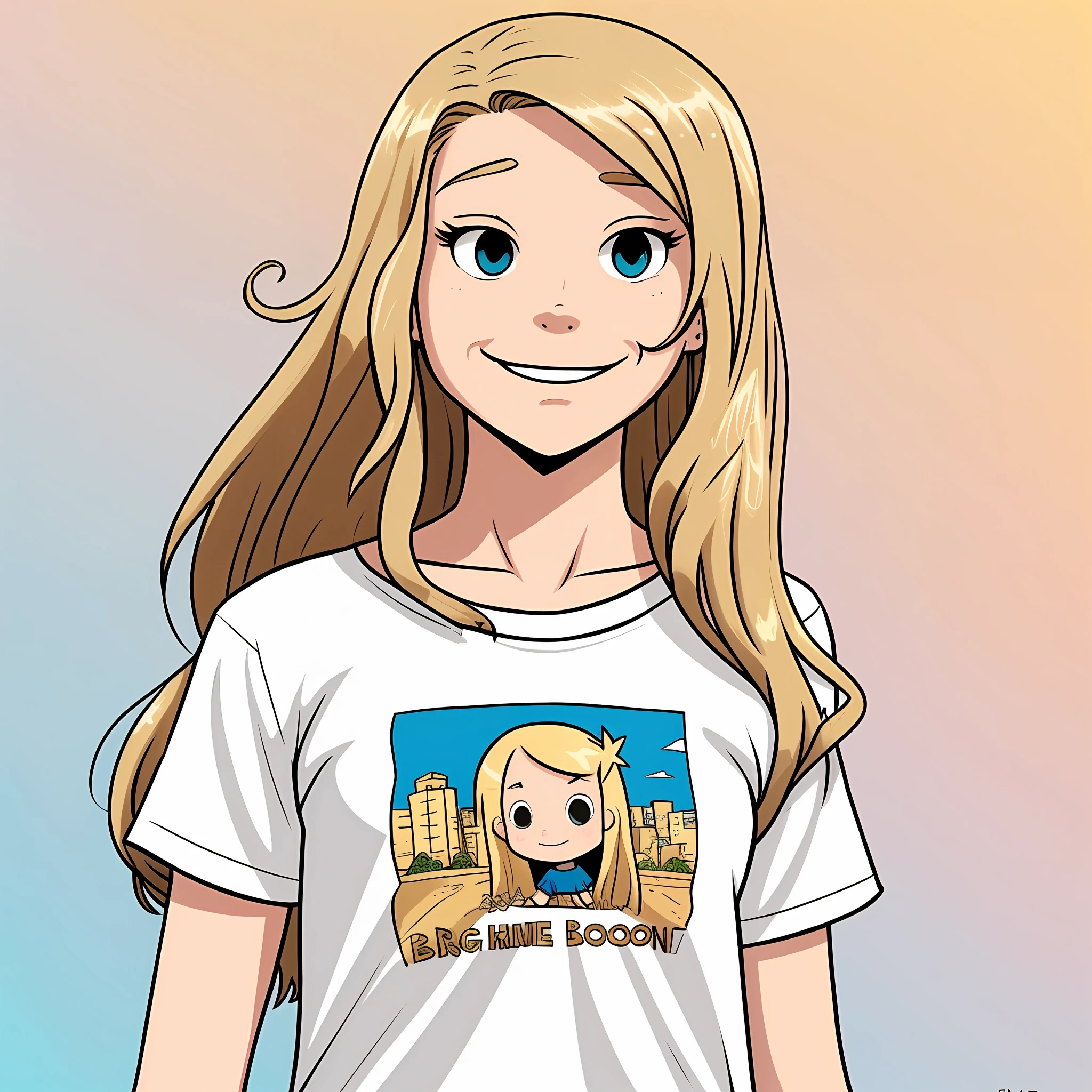 A young girl of 16 years old, long blondie hair, white cotton t-shirt, blueshi background, by raina telgemeier —- v 5 --auto