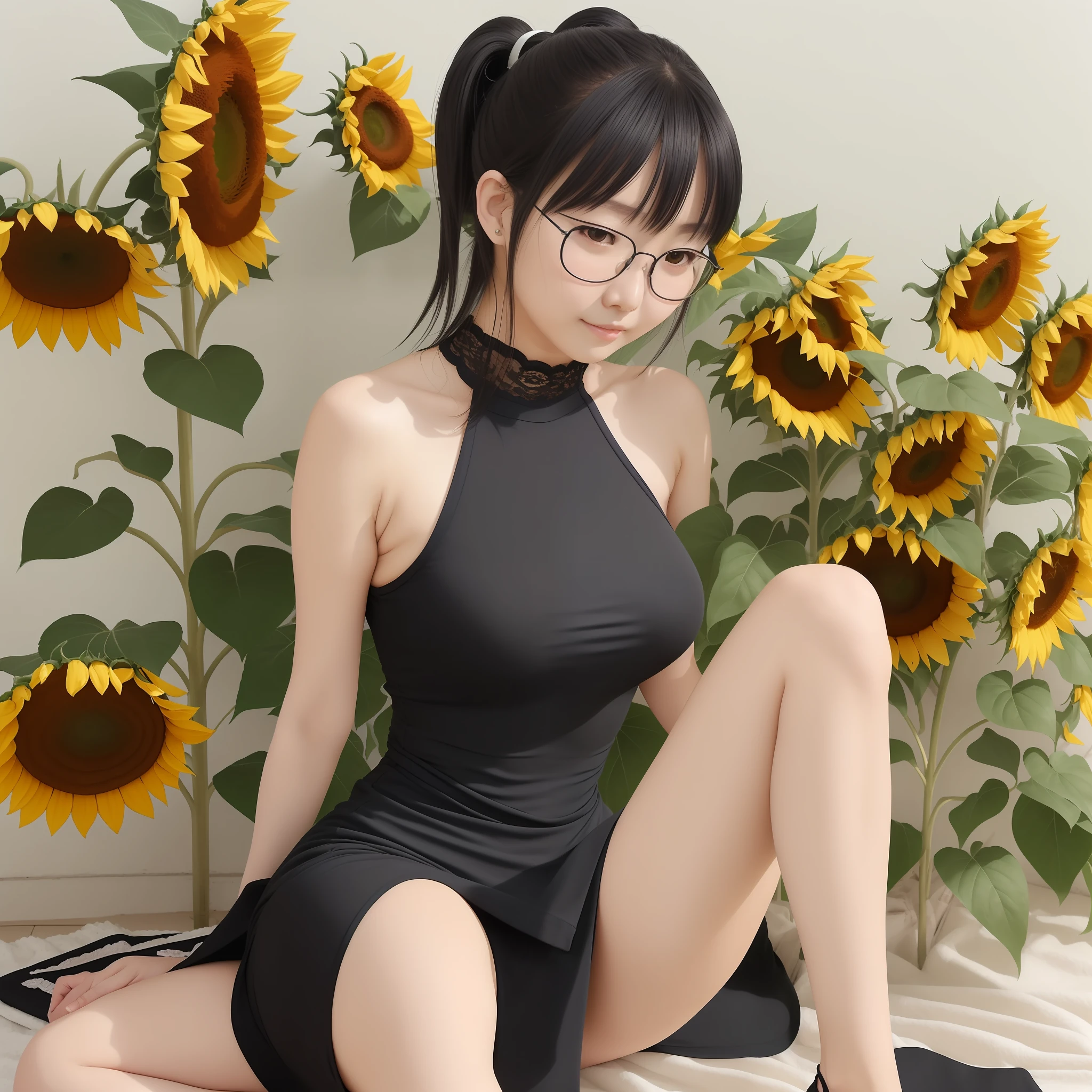 Japan person, glasses, 1 , college girl, sleeveless dress ((black), (knee-length tight dress with slit)), sandals, 1 person (Akiko Takase, Kazue Kato, , Aya Takano, Etsuko Miura, Chiko, Tsugumi Oba, Chiho, Rinko Kawaichi, Takeyuki Kanda), Height 158 cm, weight 53 kg, bust 83 cm (D cup), waist 61 cm, hips 86 cm, The character is simple, shoulder-length black hair ((ponytail), (sweaty), bangs, sweaty skin Solo, full body, strong summer sun, surrounded by sunflowers in full bloom, sitting with M-shaped legs, white full lace panties visible