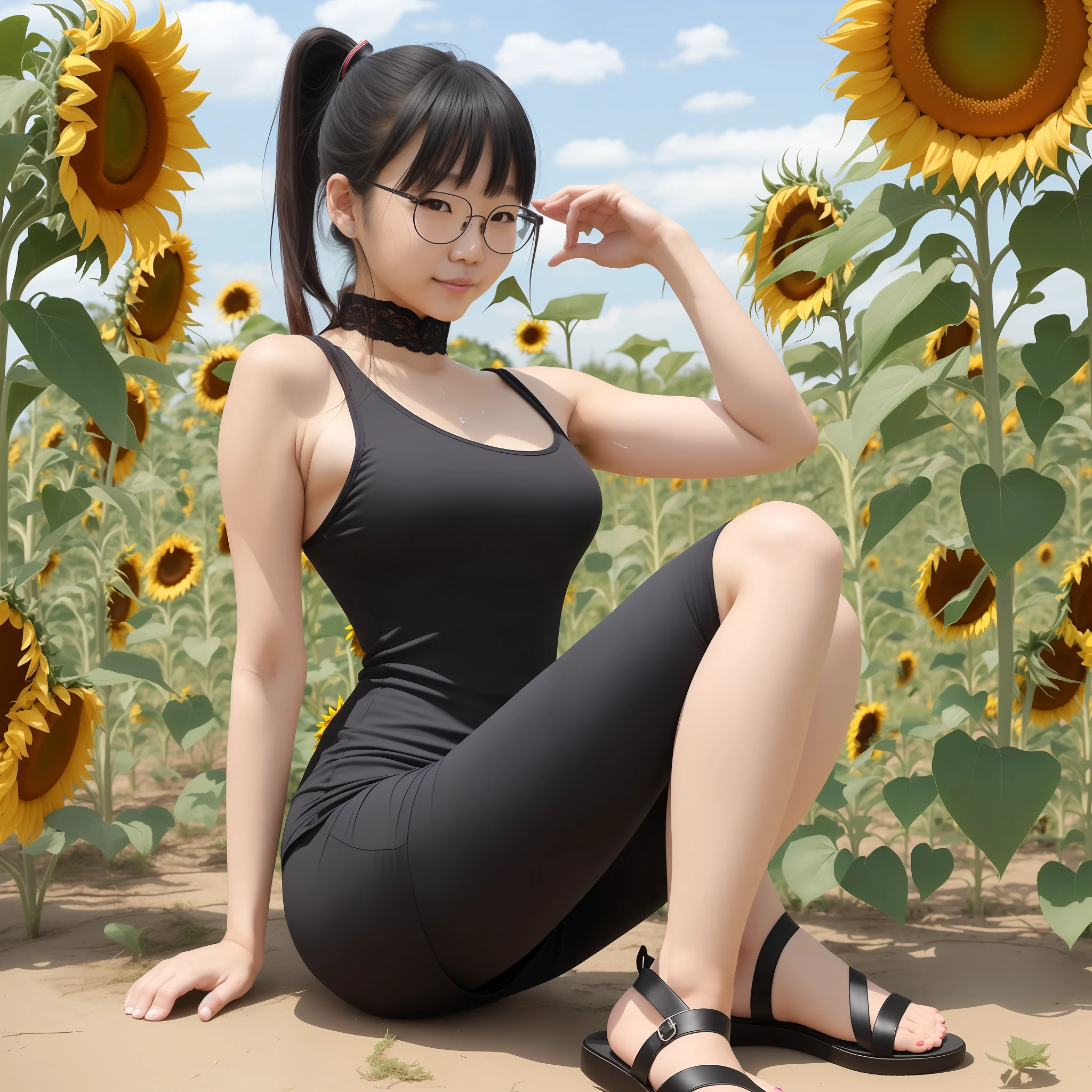 Japan person, glasses, 1 8 years old, college girl, sleeveless dress ((black), (knee-length tight dress with slit)), sandals, 1 person (Akiko Takase, Kazue Kato, , Aya Takano, Etsuko Miura, Chiko, Tsugumi Oba, Chiho, Rinko Kawaichi, Takeyuki Kanda), Height 158 cm, weight 53 kg, bust 83 cm (D cup), waist 61 cm, hips 86 cm, The character is simple, shoulder-length black hair ((ponytail), (sweaty), bangs, sweaty skin Solo, full body, strong summer sun, surrounded by sunflowers in full bloom, sitting with M-shaped legs, white full lace panties visible