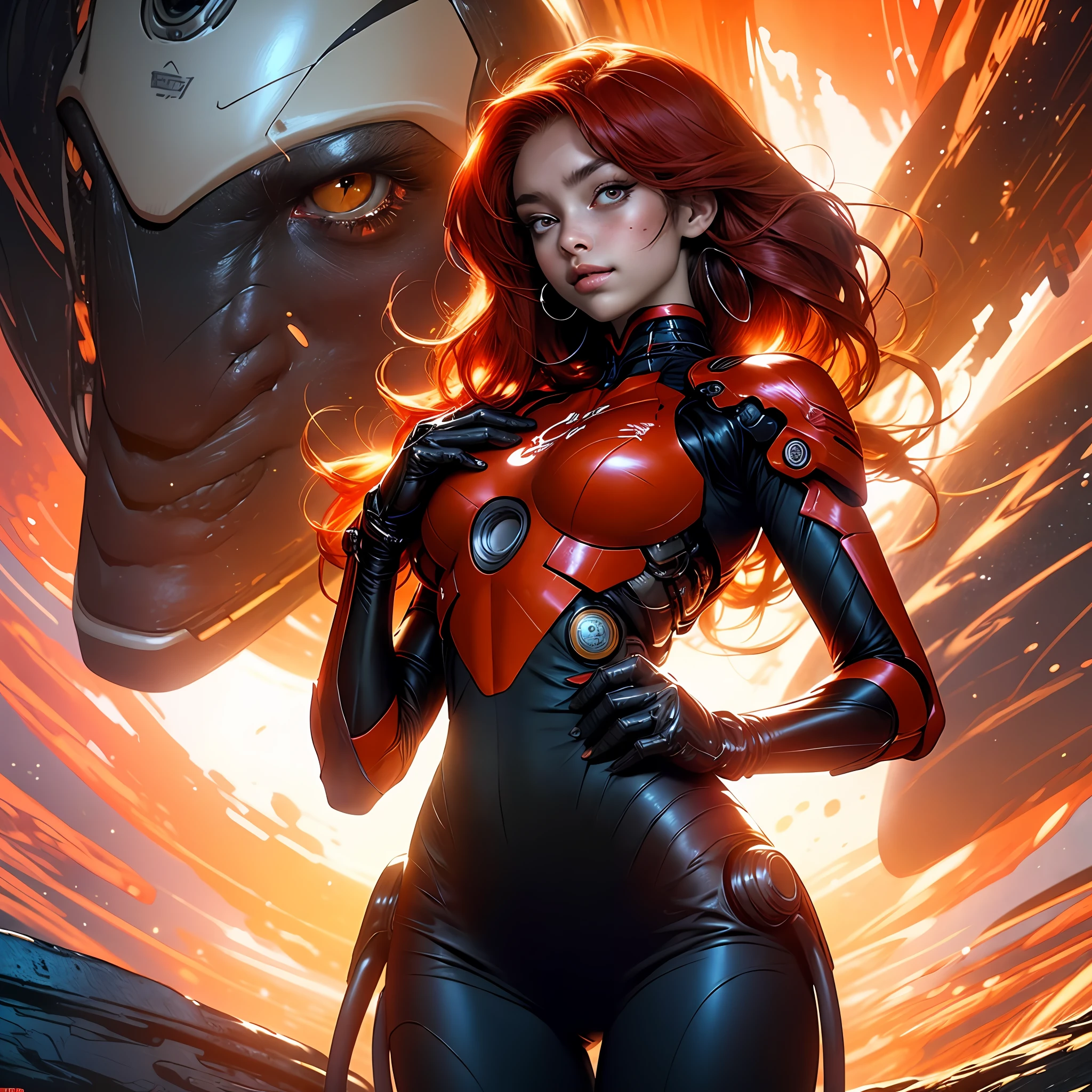 tomasz alen kopera, 1girl, small breasts, Asuka Langley Soryu ((split colored hair)), ((red hair)), hand on hip, hand on own chest, long hair, science fiction costume, cyborg costume, fair costume, standing, masterpiece, best quality, CG, wallpaper, high quality, high definition, extremely detailed, landscape,