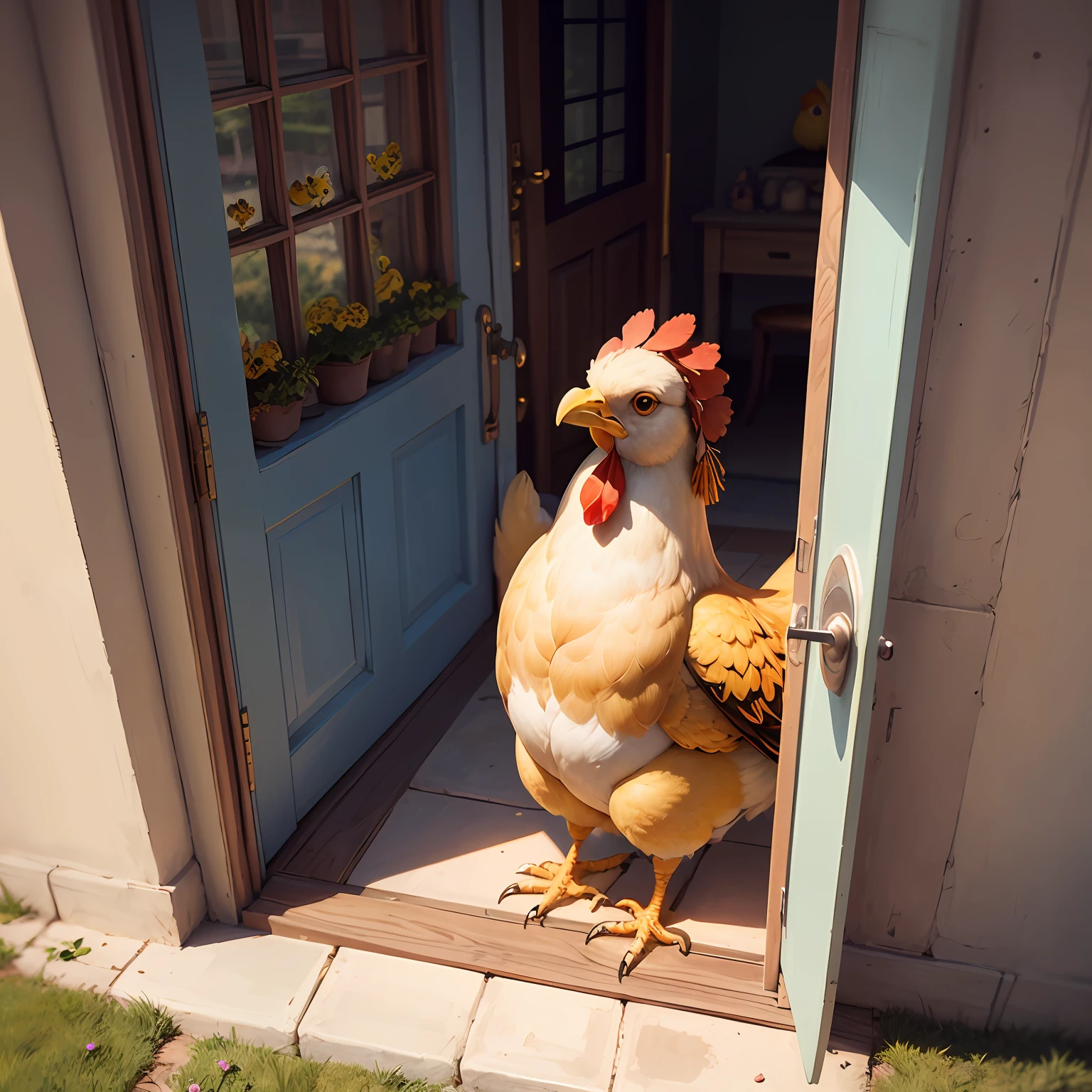 "A beautiful yellow chicken in front of the door of Smurphy's house, surrounded by flowers and mushroom-shaped butterflies, looking pretty up at the sky." --auto