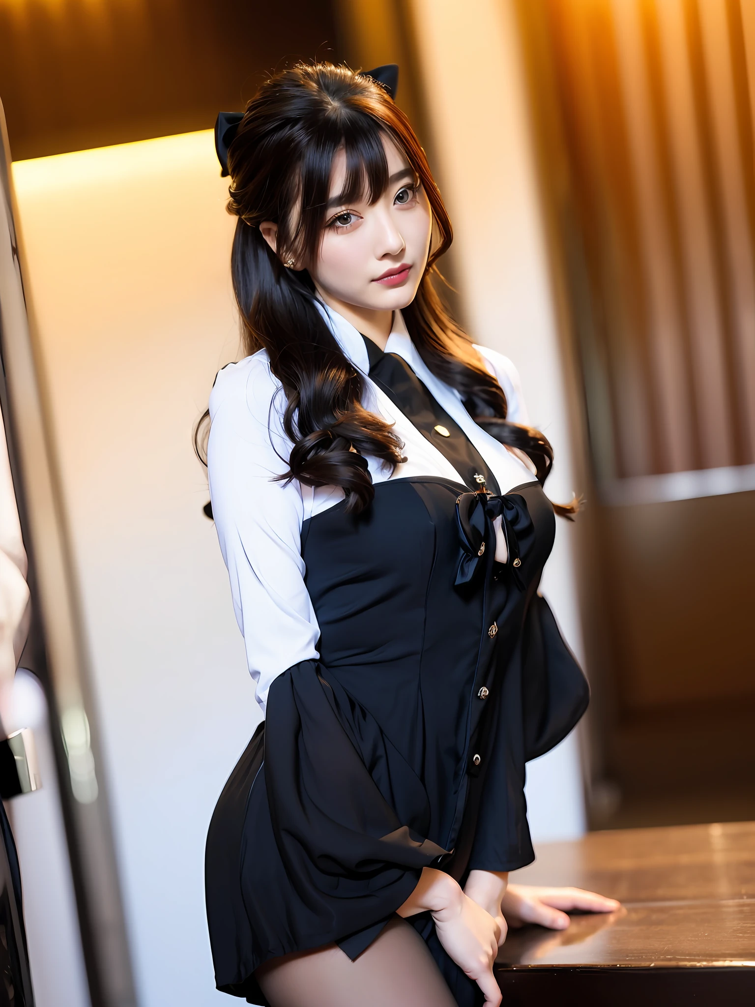 best quality, (photorealistic:1.2), 1girl, solo, shiny skin, detailed face, face focus, standing, black hair,(hair ornament:1.35), twintails, japanese clothing, ribbon sleeves, split sleeves, ribbon trim, wide sleeves, (Looking at the audience: 1.5) long hair, black eyes, bangs, underwear, lips,