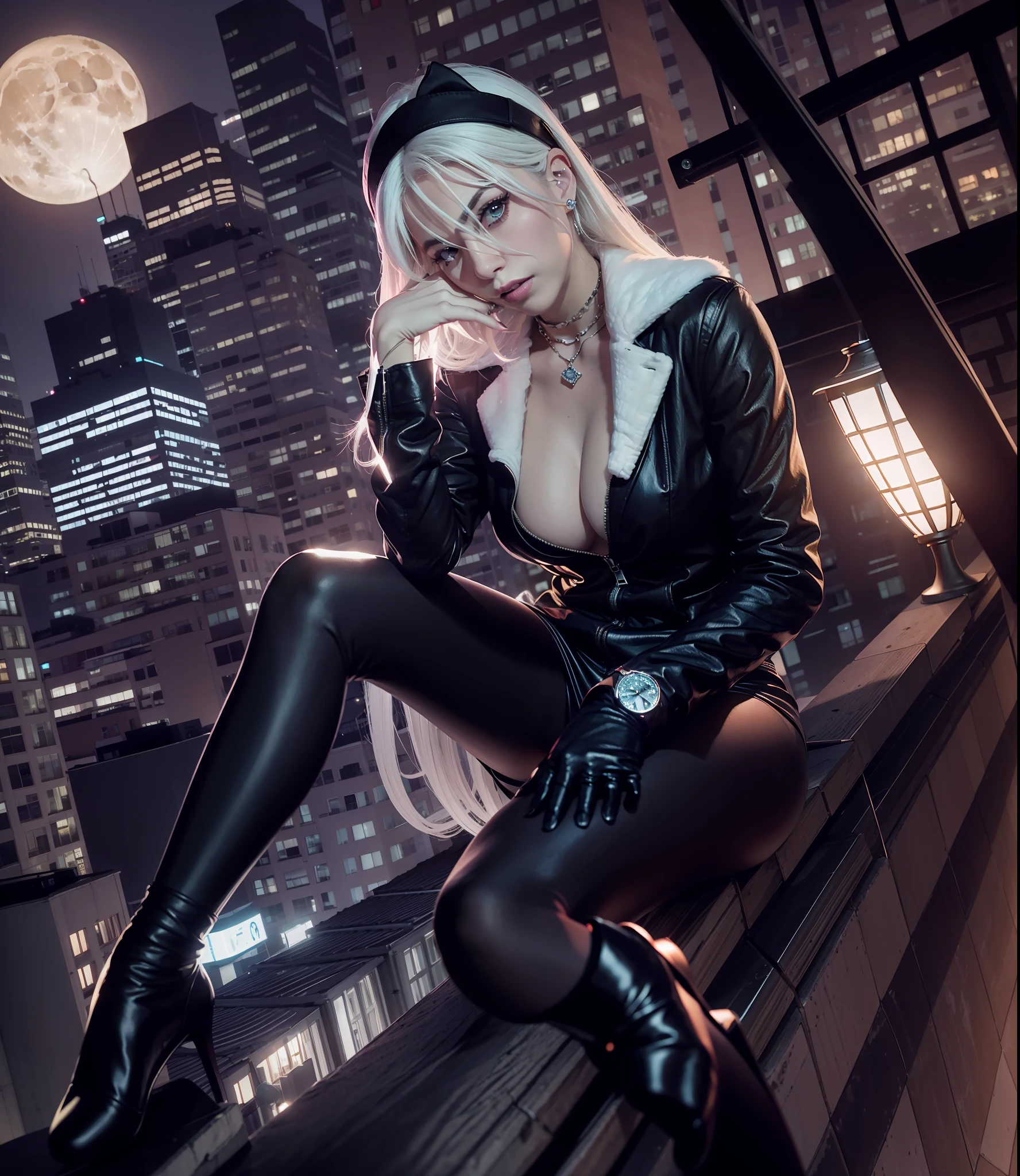 At the top of a building at night under the full moon, diamonds in hand. cinematic, jewelry, bank robbery, cinematic lighting.