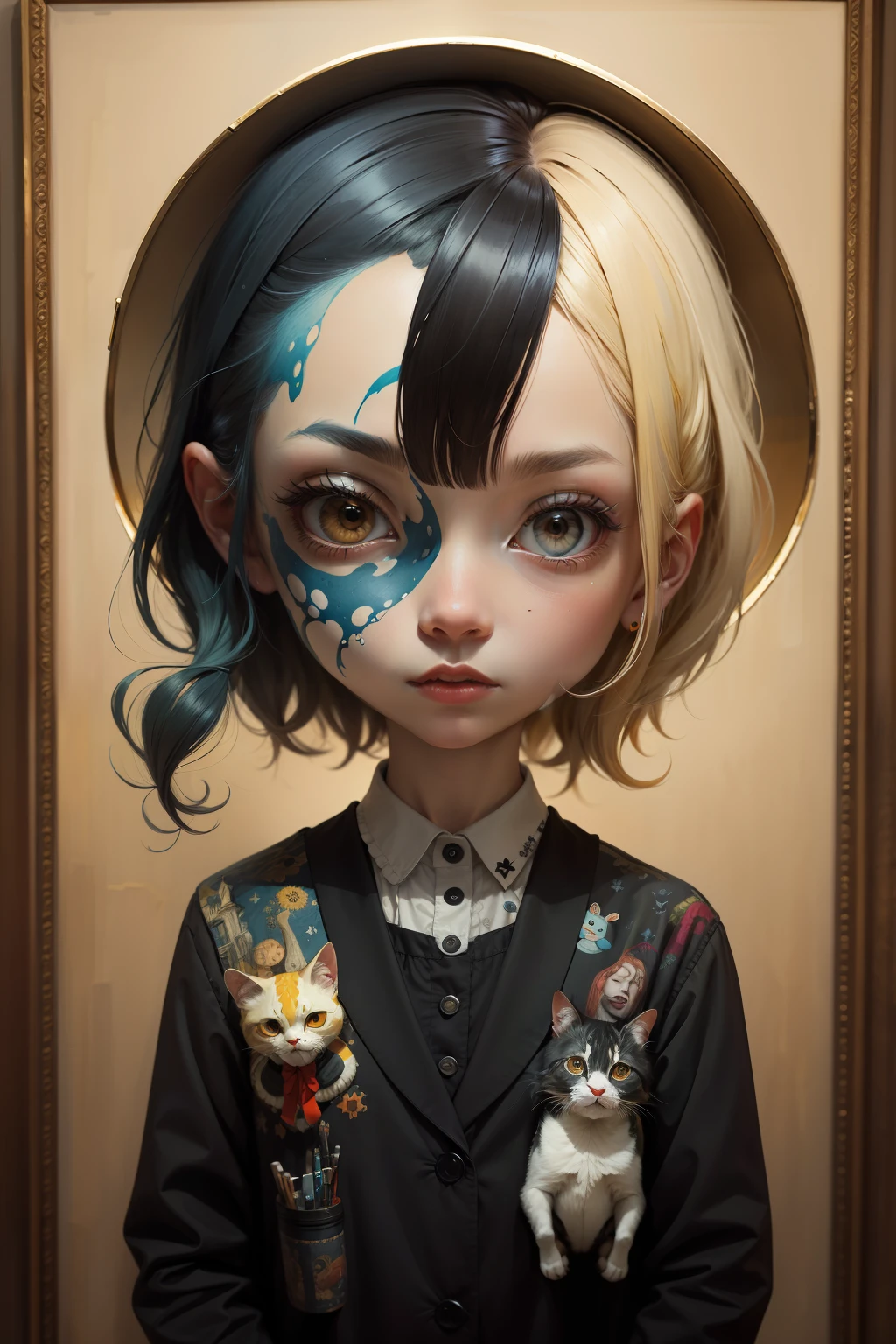 Shin-chan, strange creatures, oil painting, painter, paintings by masters, museum, paintings and sculptures, visual delirium, dreamlike, style pop surrealism, modern art, vibrant colors, detailed, style Nicoletta Ceccoli, style Van gogh, style Alexander Jansson, style Picasso, Amazing and beautiful creation, detailed realization, definition high quality, expressive faces, sharp eyes, style trompe d'oeil, surrealism, ambitious aestheticism, varied elements, iconoclast and numerous
