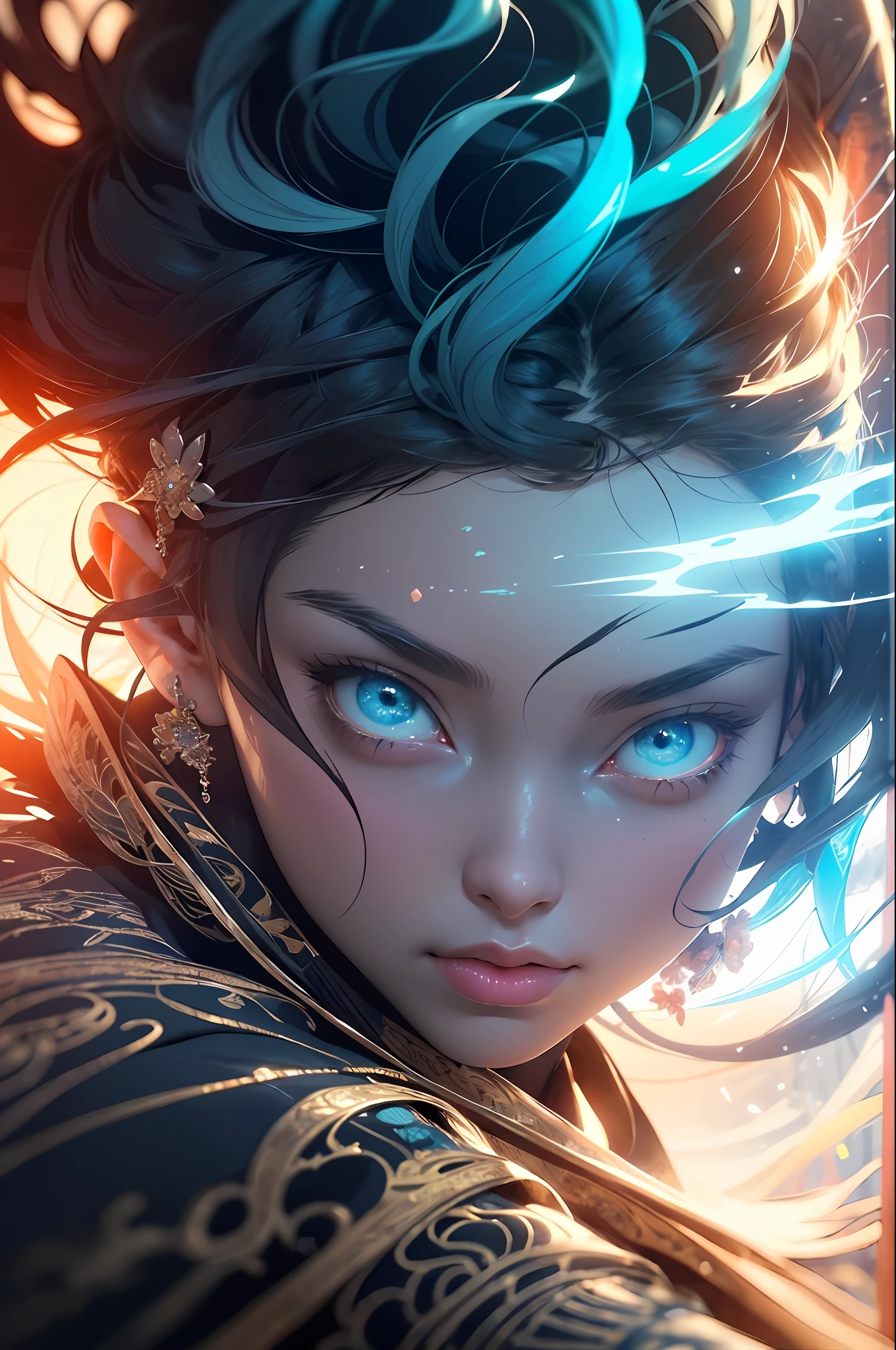 (((masterpiece))), (((best quality))), ((ultra-detailed)), (hyperrealistic), (highly detailed CG illustration), ((an extremely delicate and beautiful)),cinematic light, Create a stunning anime artwork that is currently trending on ArtStation, showcasing exquisite beauty and captivating aesthetics. The art piece should be highly detailed, featuring a compelling character and a visually appealing environment. The character in the artwork is a graceful and enchanting figure, radiating an aura of elegance. Pay close attention to intricate facial features, such as mesmerizing eyes with vibrant colors and delicate shading. The character's clothing should be designed with elaborate patterns, flowing fabrics, and rich textures, reflecting a blend of fantasy and contemporary fashion. Place the character in a captivating environment that enhances the overall appeal of the artwork. It could be a breathtaking natural landscape, a bustling futuristic cityscape, or a mystical realm filled with magical elements. Incorporate vibrant colors, dynamic lighting, and detailed background elements to create a sense of depth and immersion. Consider the latest trends in anime art, such as incorporating unique lighting effects, exploring creative composition techniques, or experimenting with unconventional color palettes. Take inspiration from the top artists on ArtStation and their exceptional execution of various art styles and themes. Camera: Choose an angle that highlights the character's beauty and the immersive environment. Lighting: Utilize atmospheric lighting techniques to create depth and mood. Resolution: Aim for a high-resolution artwork to showcase intricate details and clarity. Art Inspirations: Seek inspiration from the trending artists on ArtStation, exploring different styles, genres, and themes.