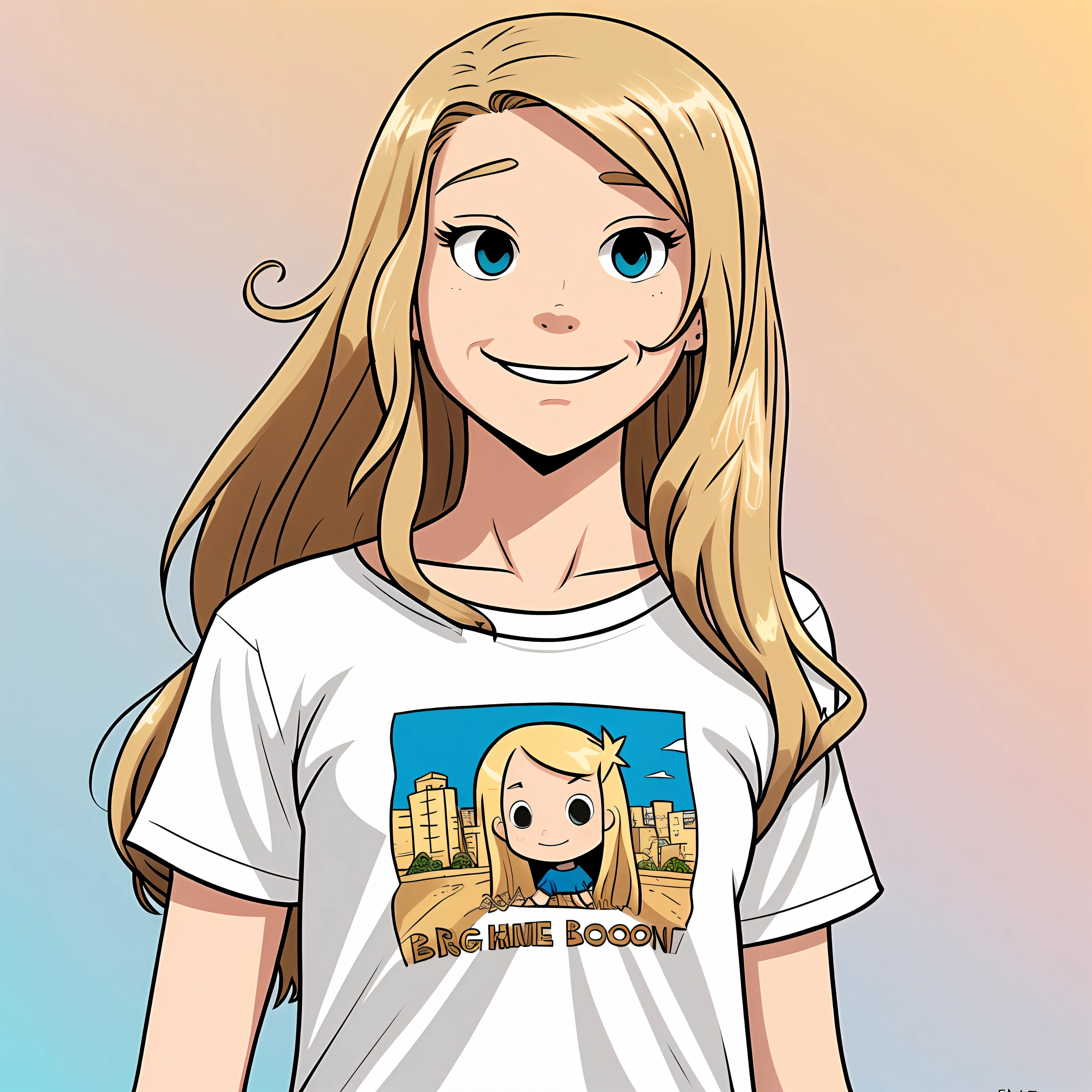 A young girl of 16 years old, long blondie hair, white cotton t-shirt, blueshi background, by raina telgemeier —- v 5 --auto