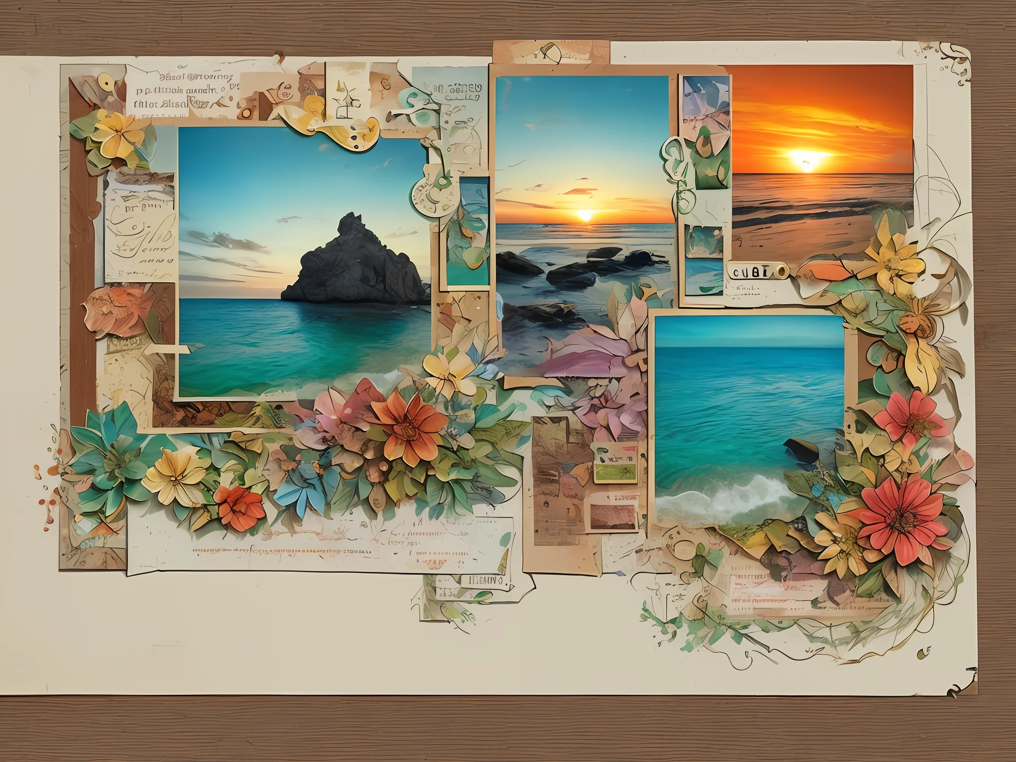 A Digital Illustration of a Scrapbook-Page Design featuring a Sunset at a Beautiful Alien Beach, inspired by the works of science fiction and fantasy artists. The scrapbook page should have a whimsical and fantastical atmosphere, combining elements of nature and extraterrestrial landscapes. The design should feature a surreal sunset at the alien beach, with vibrant and captivating colors. The alien beach can have peculiar rock formations, plants, and creatures that are unique to the otherworldly environment. The scrapbook page can also include handwritten notes, decorative borders, and artistic embellishments to add a personal touch. The art style should be imaginative and surreal, with a mix of hand-drawn and digital elements. The camera shot should showcase the entire scrapbook page, allowing viewers to immerse themselves in the intricate details and the overall composition. The rendering should be in high resolution, capturing the essence of the alien beach and the creativity of the scrapbook design.