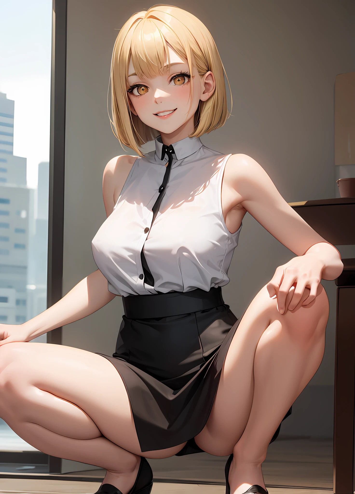 Masterpiece, top quality, one, 22 year old woman with small back, solo, (blonde bob shortcut), big, (golden eyes), best smile, white blouse,, black skirt, residential area, squatting and legs open, knees up, one leg open to the side, red cheeks