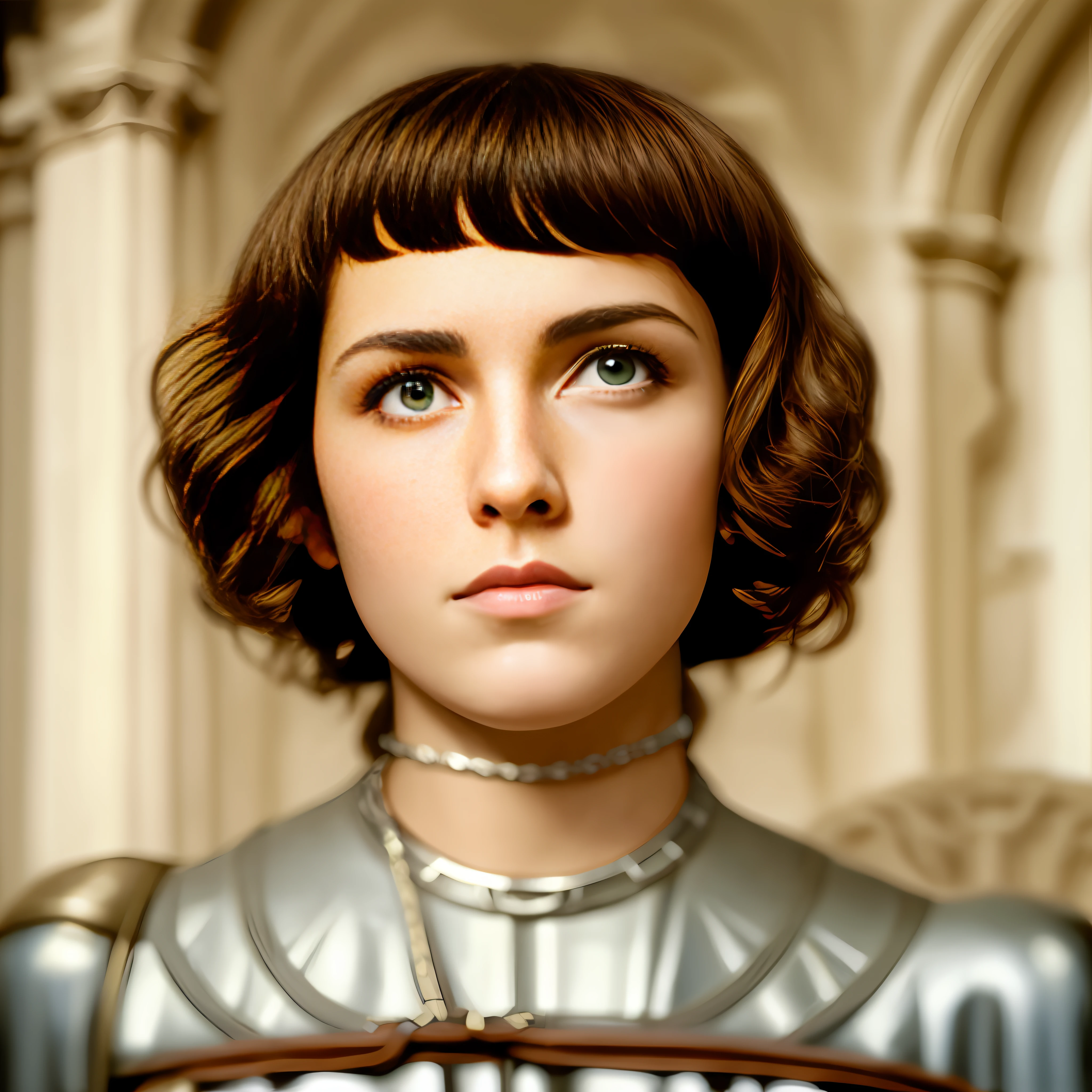 arafed image of a woman in a silver dress with a chain around her neck, joan of arc, emma watson as joan of arc, portrait knight female, ana de armas as joan of arc, alex gross, by Dino Valls, realistic renaissance portrait, renaissance digital painting, inspired by Dino Valls, detailed color portrait, portrait of arya stark, digitally painted