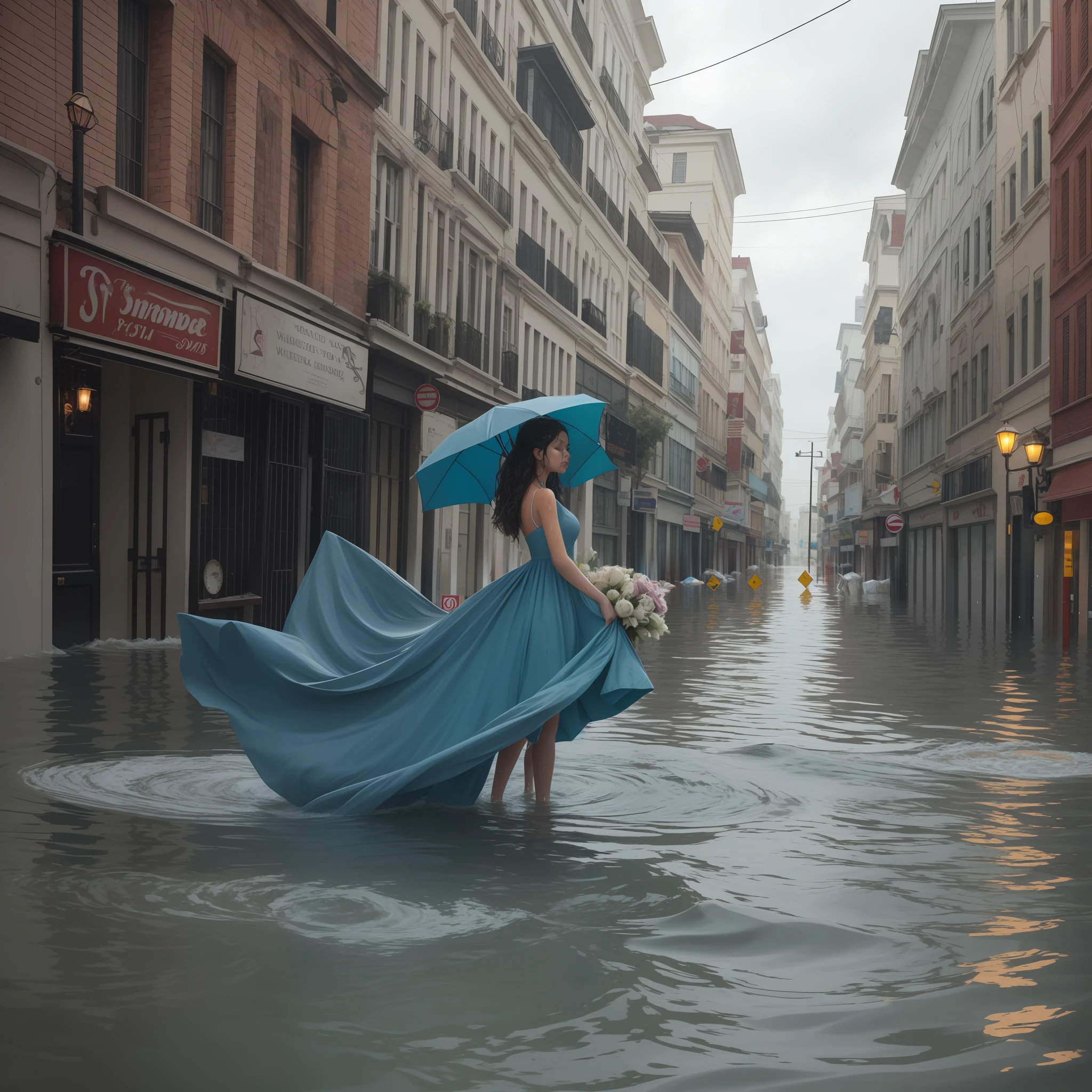 Outfit: A long, flowing dress in shades of blue, representing the rising waters of a flood.
Props: Carried a miniature model of a submerged city, symbolizing the destructive flooding.
Makeup: Watery effects on the face, resembling tears and overflowing rivers.
Hairstyle: Wet and tousled hair, as if soaked by torrential rains.
Expression: A mix of sadness and empathy, capturing the devastation caused by a flood.
Background Design: A submerged cityscape with flooded streets, floating debris, and waterlogged building
