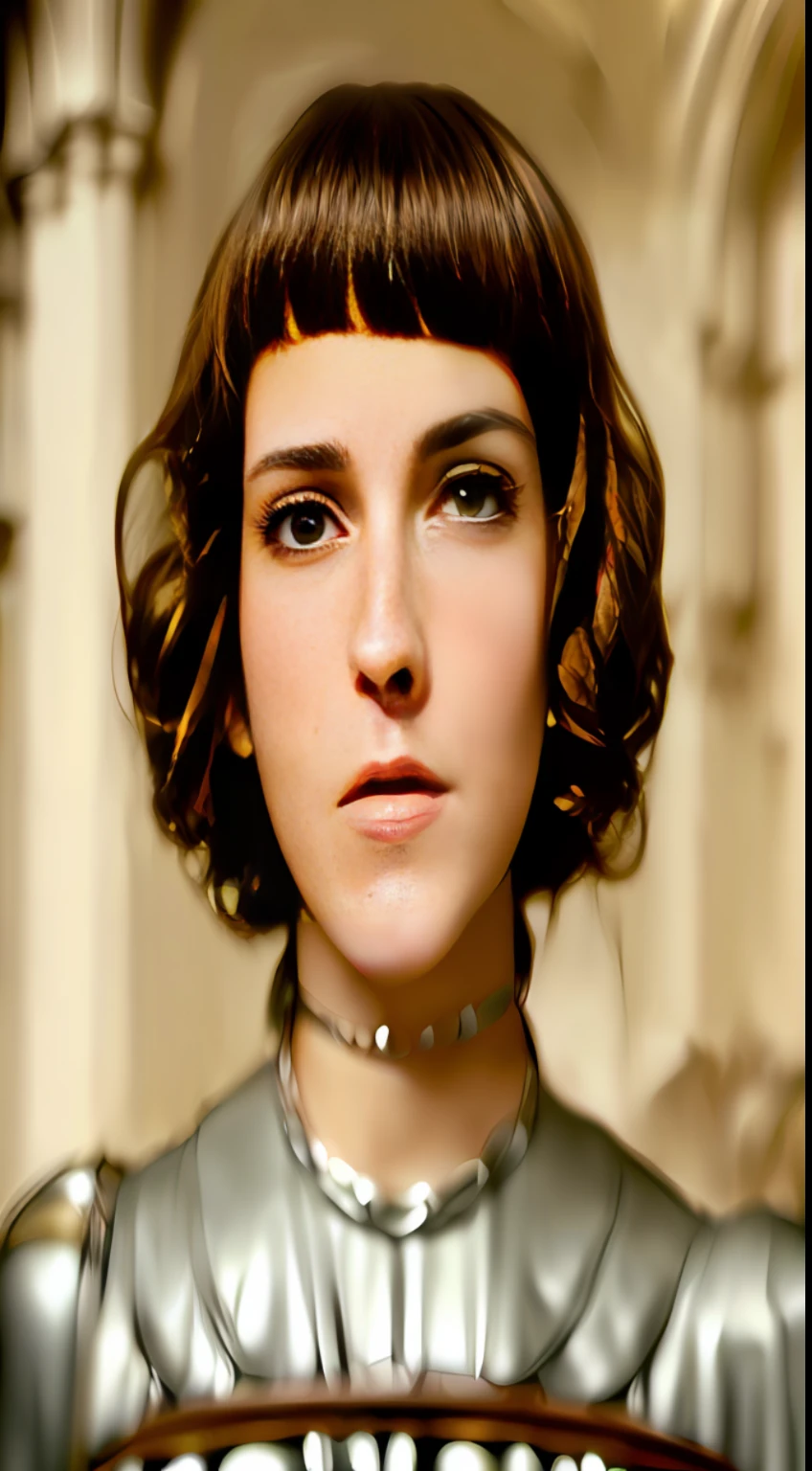 there is a woman in a silver dress with a brown purse, emma watson as joan of arc, emma watson as a knight, ana de armas as joan of arc, joan of arc, annasophia robb as joan of arc, by Dino Valls, realistic renaissance portrait, ancient queen emma watson, alex gross, portrait knight female, inspired by Dino Valls