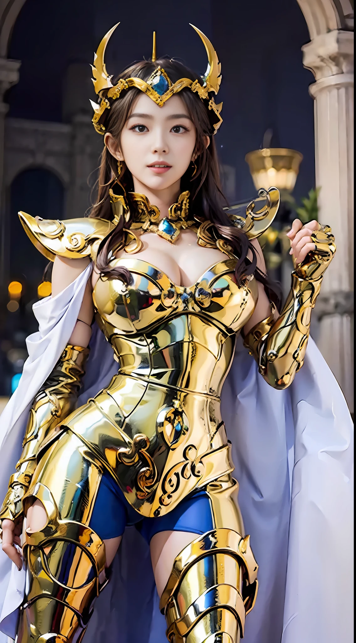 (Best quality: 1.3), (Masterpiece: 1.3), (Realistic: 1.4), (Detail: 1.1), Perfect Asian beautiful girl, beautiful eyes, moist lips, long tan hair, slightly curled, smiling, perfect figure, white cape, fingers correct, master masterpiece, full of details, (Asian face), wearing gold holy robe, distant view of the ancient Greek god Athena, full body photo, 8K, ultra HD