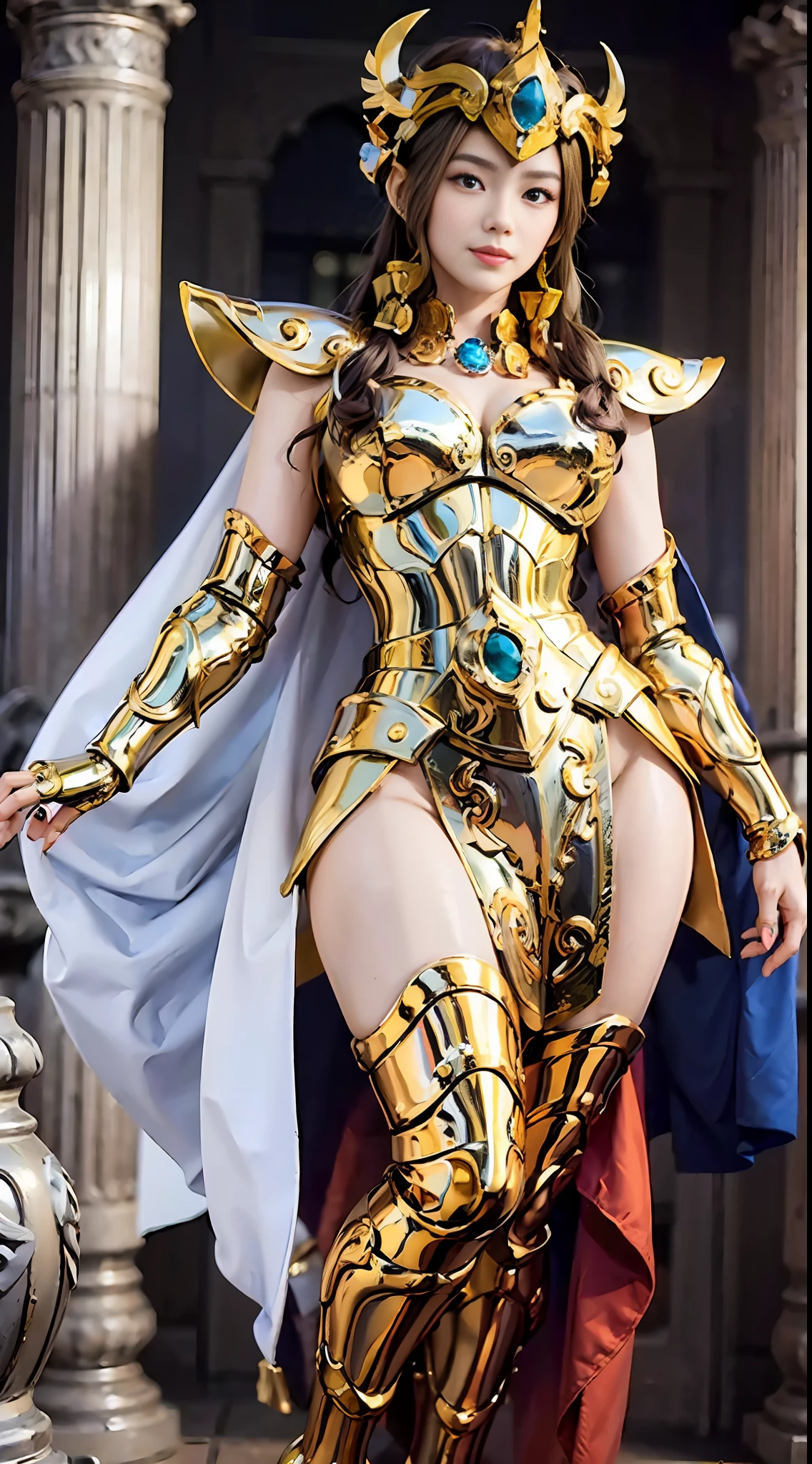 (Best quality: 1.3), (Masterpiece: 1.3), (Realistic: 1.4), (Detail: 1.1), Perfect Asian beautiful girl, beautiful eyes, moist lips, long tan hair, slightly curled, smiling, perfect figure, white cape, fingers correct, master masterpiece, full of details, (Asian face), wearing gold holy robe, distant view of the ancient Greek god Athena, full body photo, 8K, ultra HD