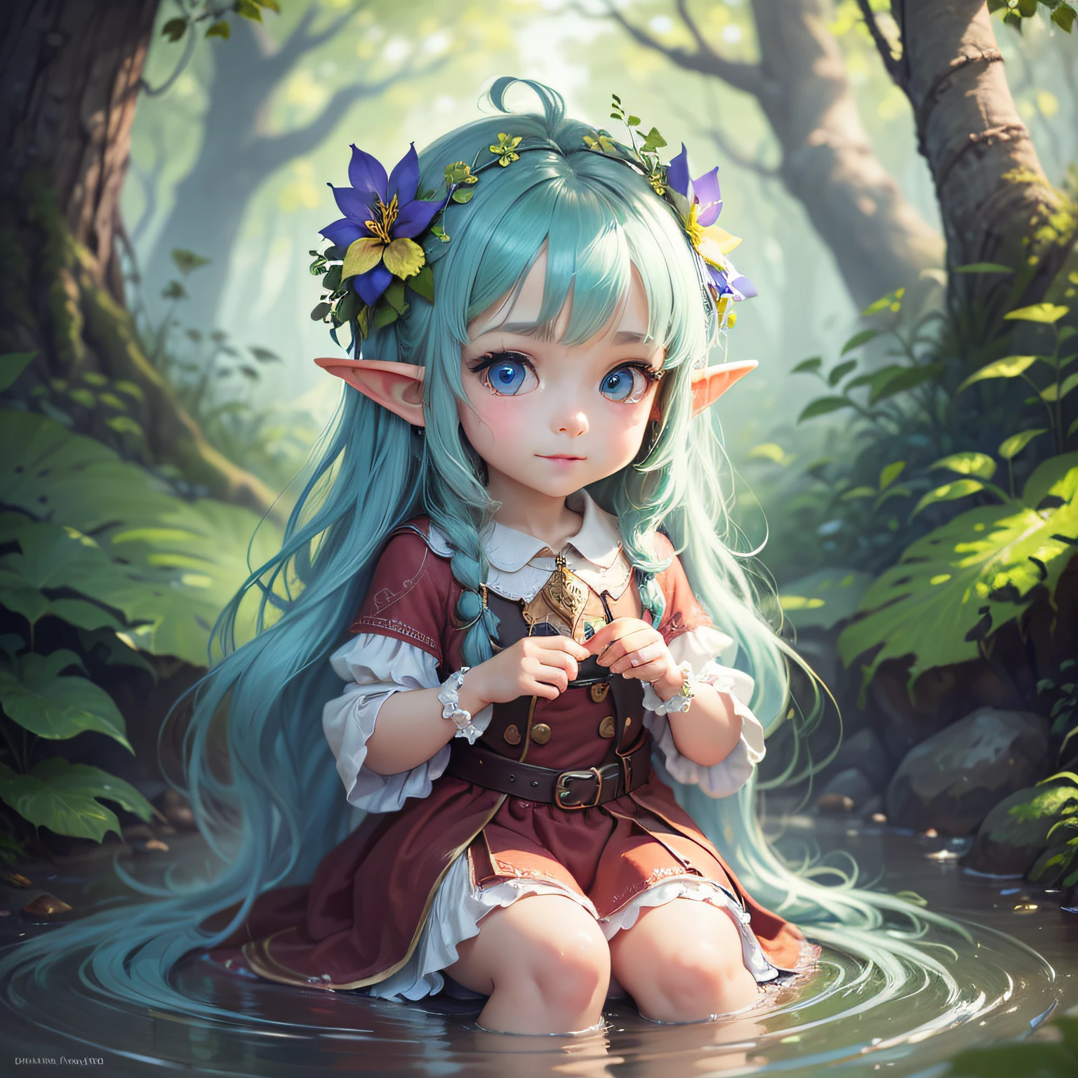 a colorful, sharp and vibrant enchanted forest with a little stream (adorable digital painting, cute detailed digital art). Add on the right Lilly ( elf girl 6 year's withand sweet blue eyes, long blue hair, cute face, adorable digital painting, portrait of very beautiful elf, cute detailed digital art, with a sly look and a very mischievous expression) in very little size. --auto --s2