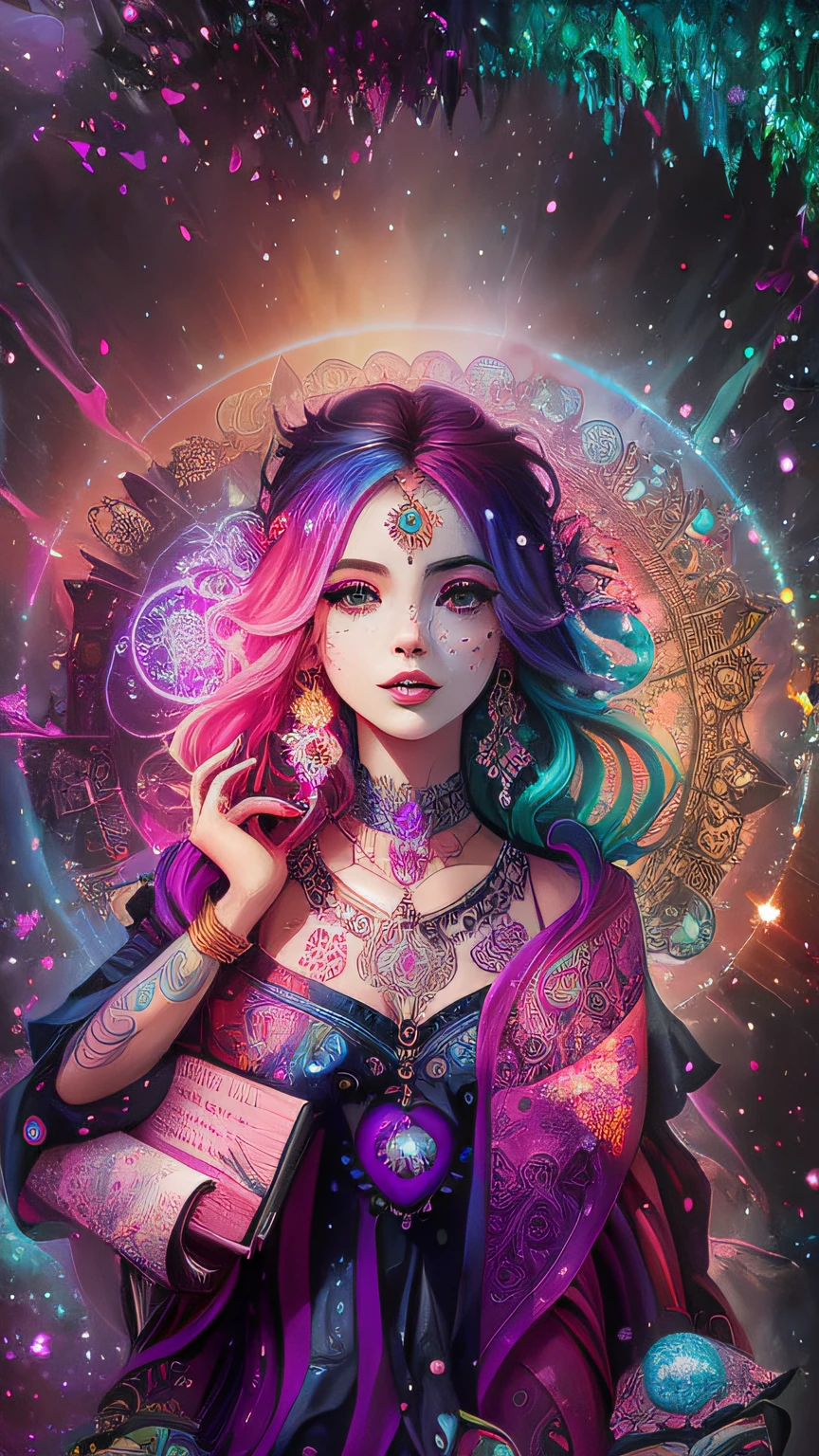 a woman with colorful hair and jewelry holding a book, colorfull digital fantasy art, beeple and jeremiah ketner, 4k highly detailed digital art, vibrant fantasy style, detailed fantasy digital art, fantasy art style, beautiful digital artwork, stunning digital illustration, beautiful fantasy art portrait, 8k stunning artwork, digital art fantasy art, 4k detailed digital art --auto