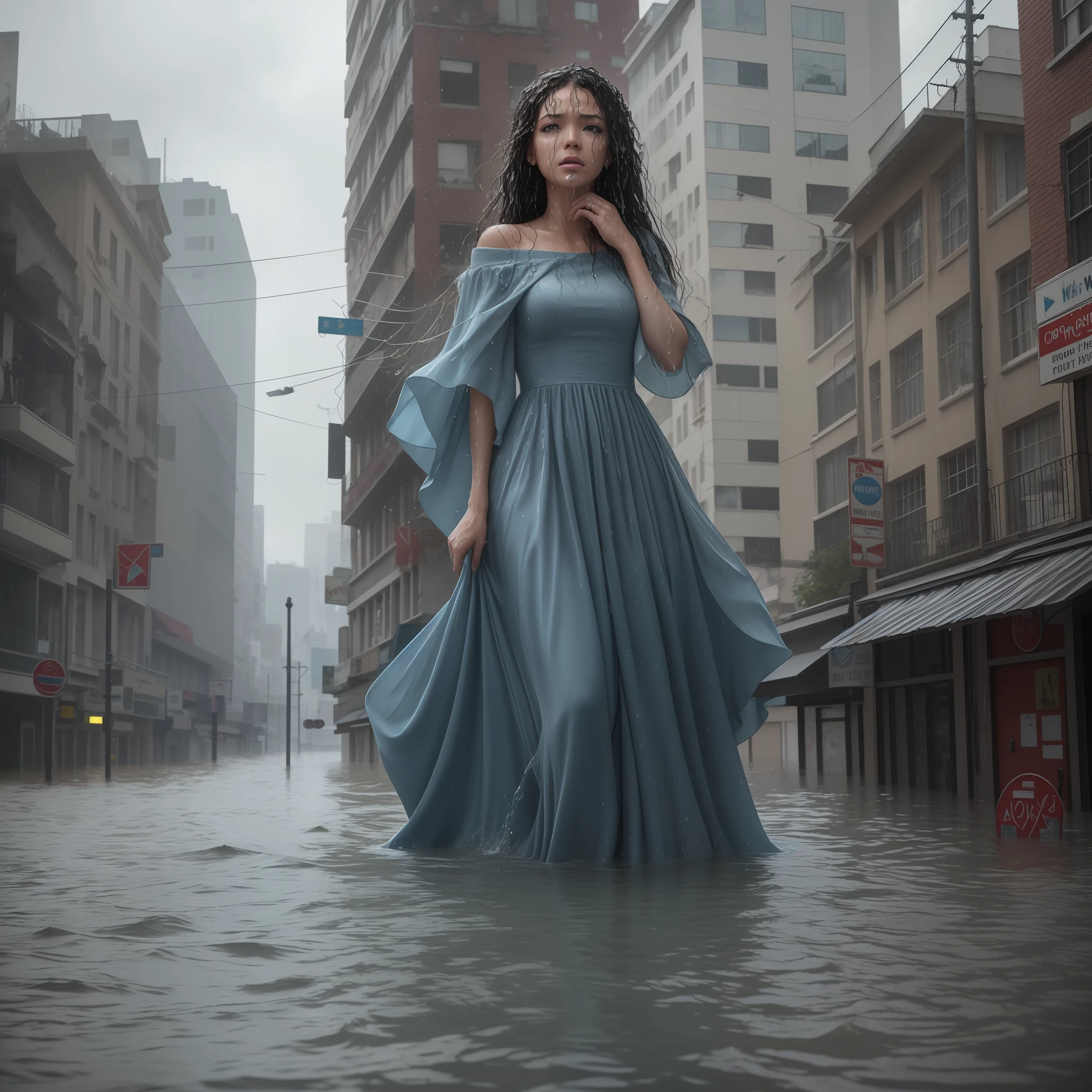 Outfit: A long, flowing dress in shades of blue, representing the rising waters of a flood.
Props: Carried a miniature model of a submerged city, symbolizing the destructive flooding.
Makeup: Watery effects on the face, resembling tears and overflowing rivers.
Hairstyle: Wet and tousled hair, as if soaked by torrential rains.
Expression: A mix of sadness and empathy, capturing the devastation caused by a flood.
Background Design: A submerged cityscape with flooded streets, floating debris, and waterlogged building