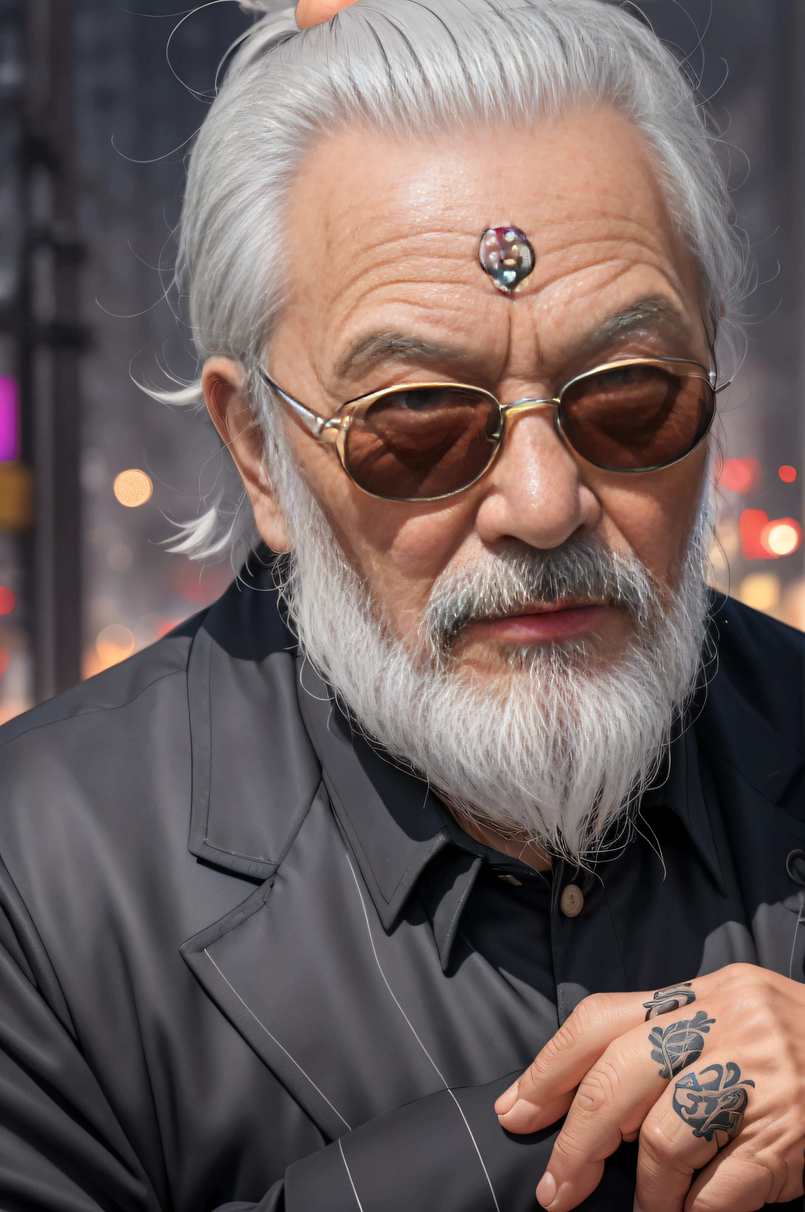 Flash, Ultra HD, 8K, Best Quality, (Background Bokeh 1.5), (Ultra Real: 1.5), (Ultra Detail: 1.5), Male Focus, (66 Chinese Grandpa: 1.5), (Overweight: 1.5), (Chubby: 1.5), (Nudity: 1.5), (Big Eyes: 1.5), Sharp Eyes, (Long Gray Hair: 1.5), (Chinese Long White Beard: 1.5), (Wrinkle Skin: 1.5), (Tattoo: 1.5), High, Black Suit, Sunglasses, Smoking, cyberpunk city, night, purple sky, purple moon, lightning, peach blossom tree, fog, dragon, wonderful, online world,