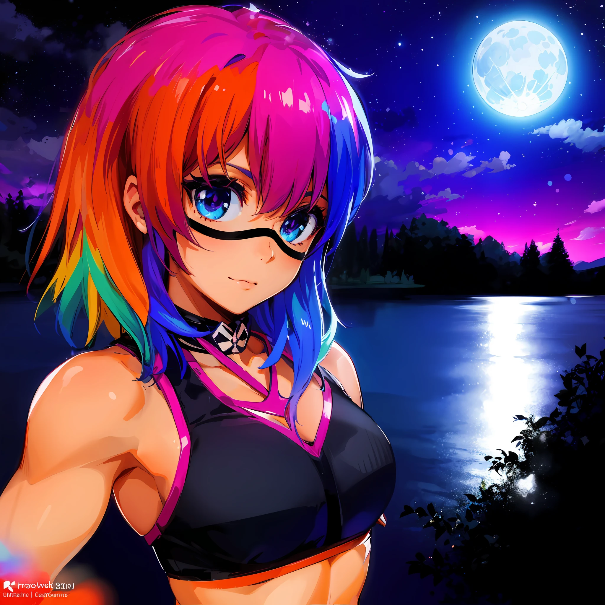 detailed Asuka WWE Brawlhalla, Asuka WWE colorful hair, deep black dark eyes, soft smiling face, wrestling clothes, wonderful night fullmoon scene, beautiful lake, enchanting, masterpiece, best quality, ultra realistic, ultra detailed textures and pixels, ultra detailed face, trending on youtube, high quality, by A-1 Pictures Studio, 8k perfect ultra detailed digital art by professionals artists lw