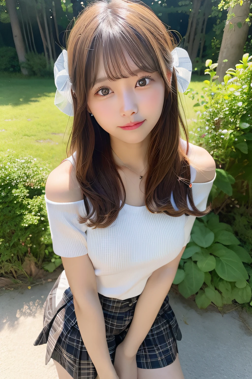 best quality, unparalleled masterpiece, official art,extremely detailed CG unity 8k wallpaper,1girl,(solo),mature female,(penkey firmed generous breasts),age 15-years-old,beautiful face,detail eyes,little smile,white tank-top shirt,off-shoulder,knee-length tartan pleated skirt,brack low shoes,white socks,standiing on small pass in deep forest, sunset, (cowboy shot:1.5) ,turn face to camera,face to front camera,
