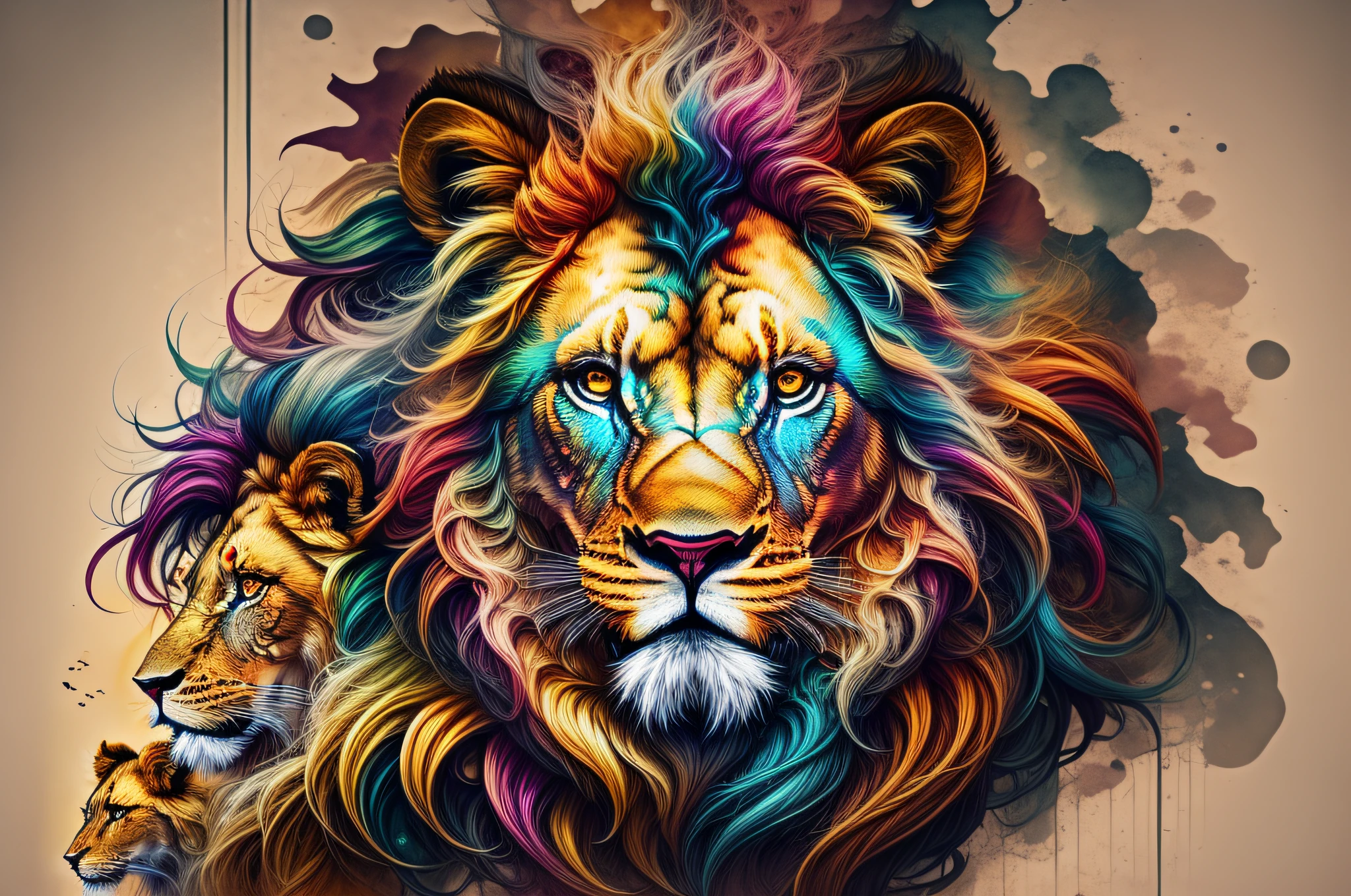 Lion family with cubs black background lion with orange mane and black eyes in dark room with light, lion, half lion, with the mane of a lion, portrait of a lion, lion's head, the mane of a lion, king of the jungle, lion's mane, aslan, the lion, face of a lion, digital art animal photo, lion's mane, lion's body, wallpaper 4 k
