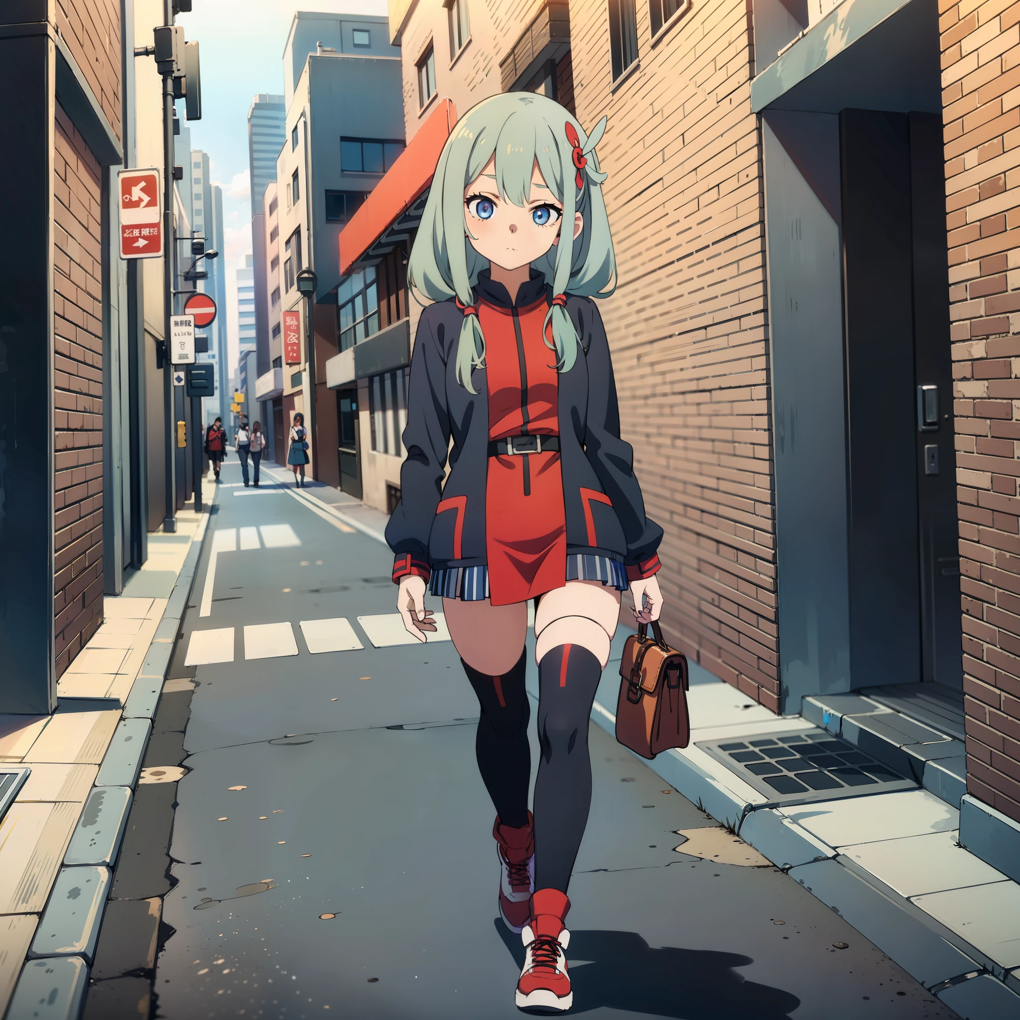 Kawaii anime girl, outdoors, in city, walking on sidewalk, close up view of girl