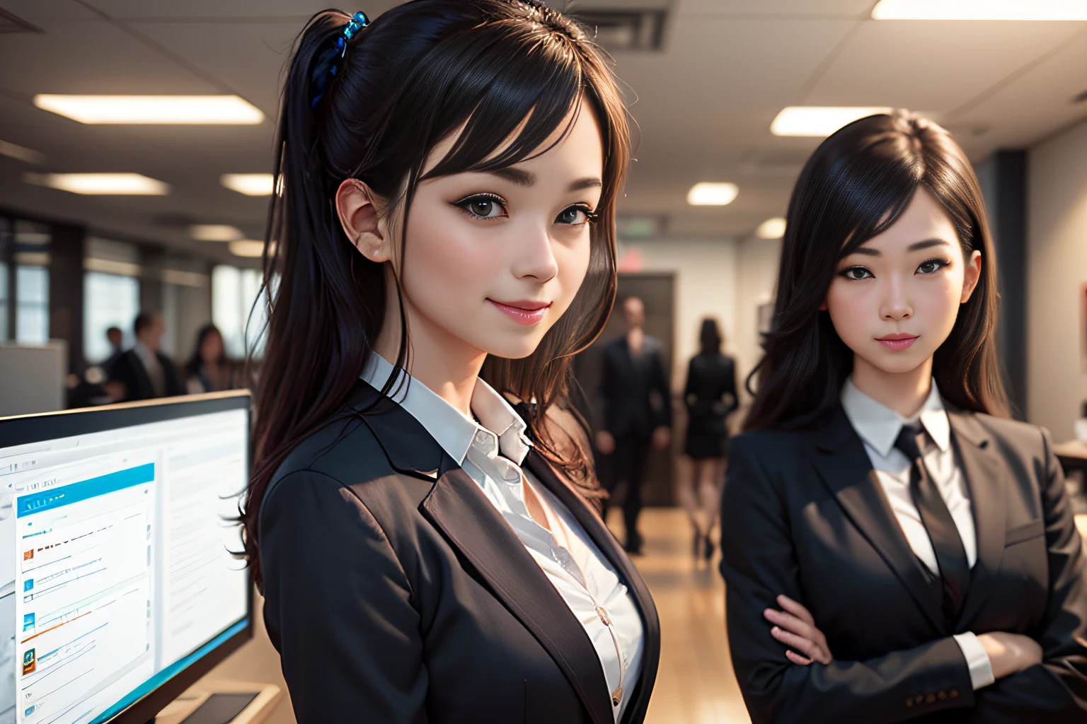 (8K、Max Quality)、super details、Obra、presentation、business、negotiation、business、wearing a suit、2 females、2male、Beautiful Detailed、Detailed Office、Sweet smile、photot-REALISTIC、Super Realistic --auto