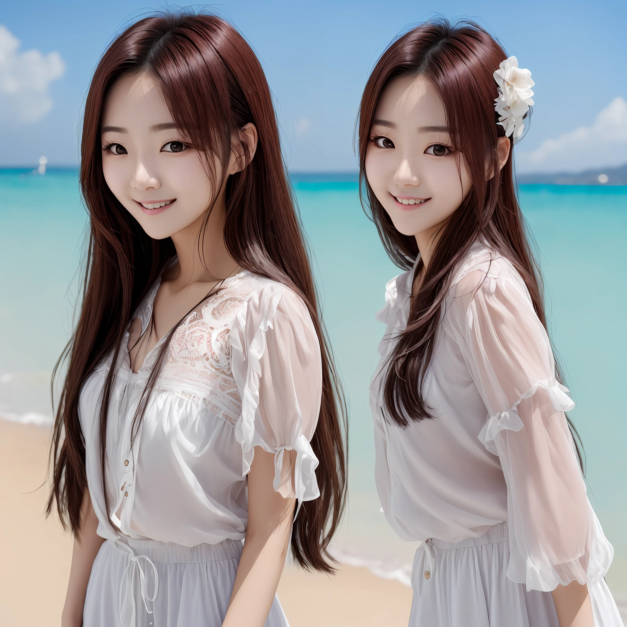 Korean beauty actress similar, raw photo, 8k, beach, smile, clear eyes, white --auto
