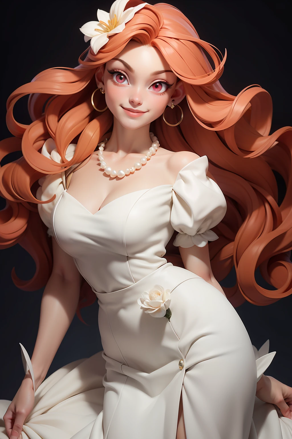 1girl, solo, pearl jewelry, long hair, pearl necklace, red eyes, pearl earrings, floral print, red hair, plain background, simple background, smile, white flower, medium breasts, wavy hair, white dress, open shoulders, aristocratic dress, fluffy skirt, puffy sleeves at the top and fitted sleeves at the bottom
