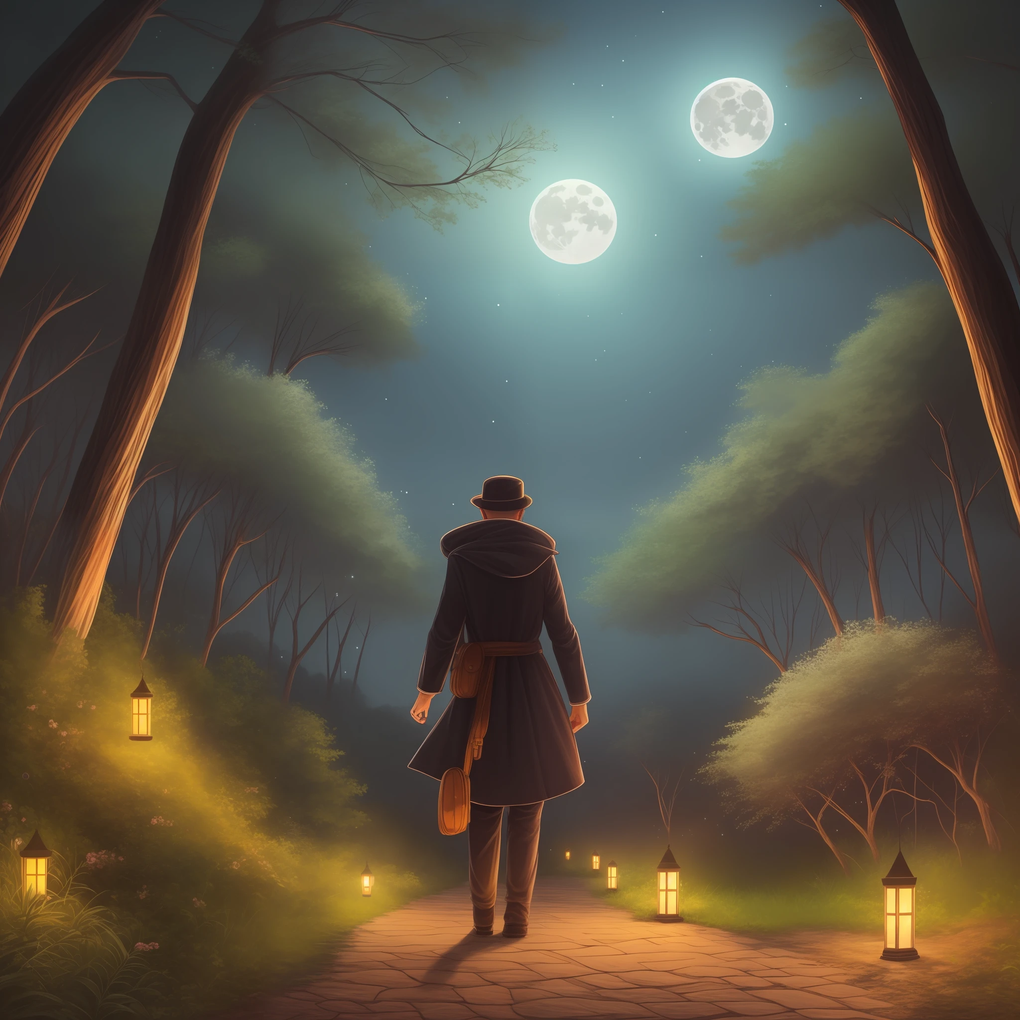 Magic florest, Night, Fireflies, Full Moon