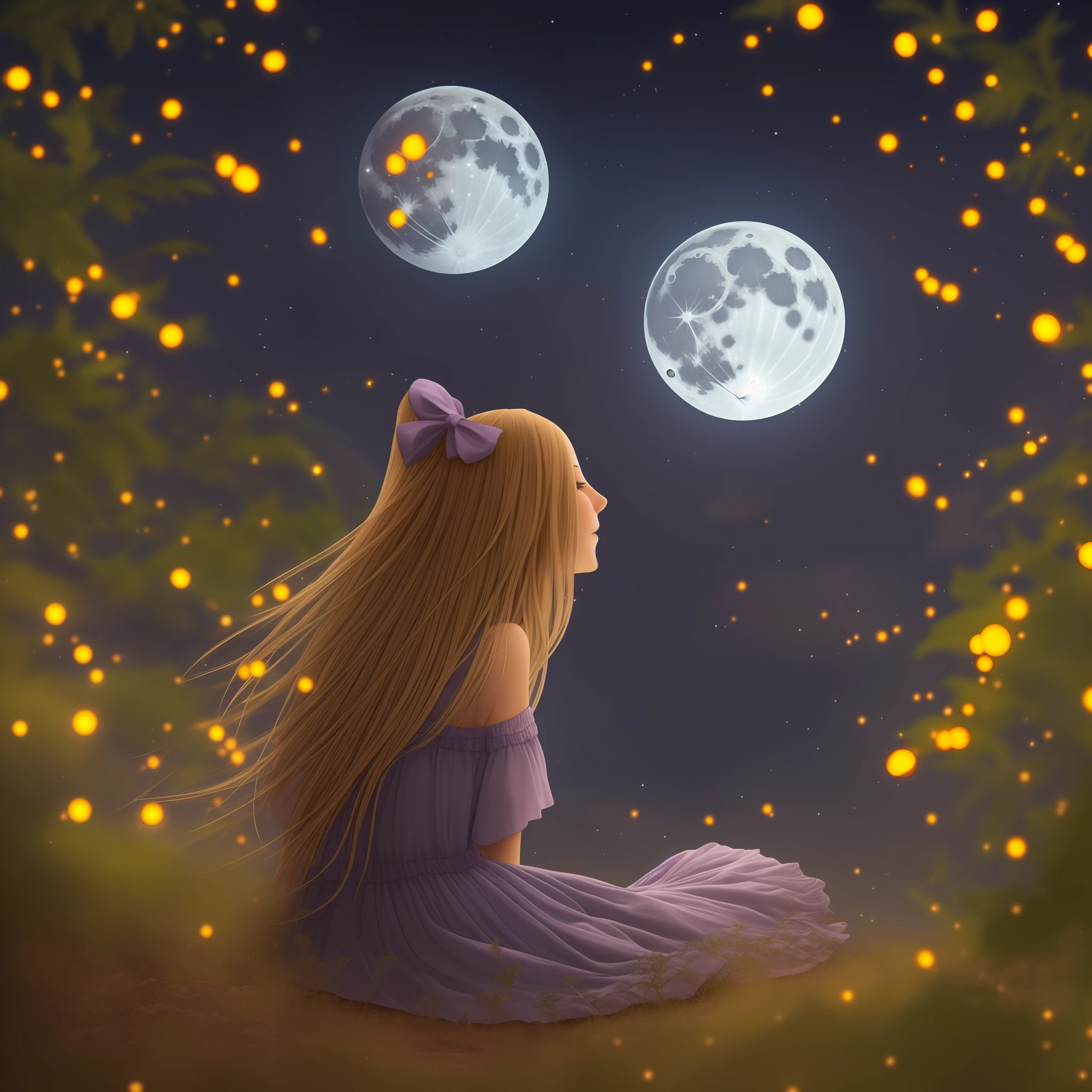 Magic florest, Night, Fireflies, Full Moon