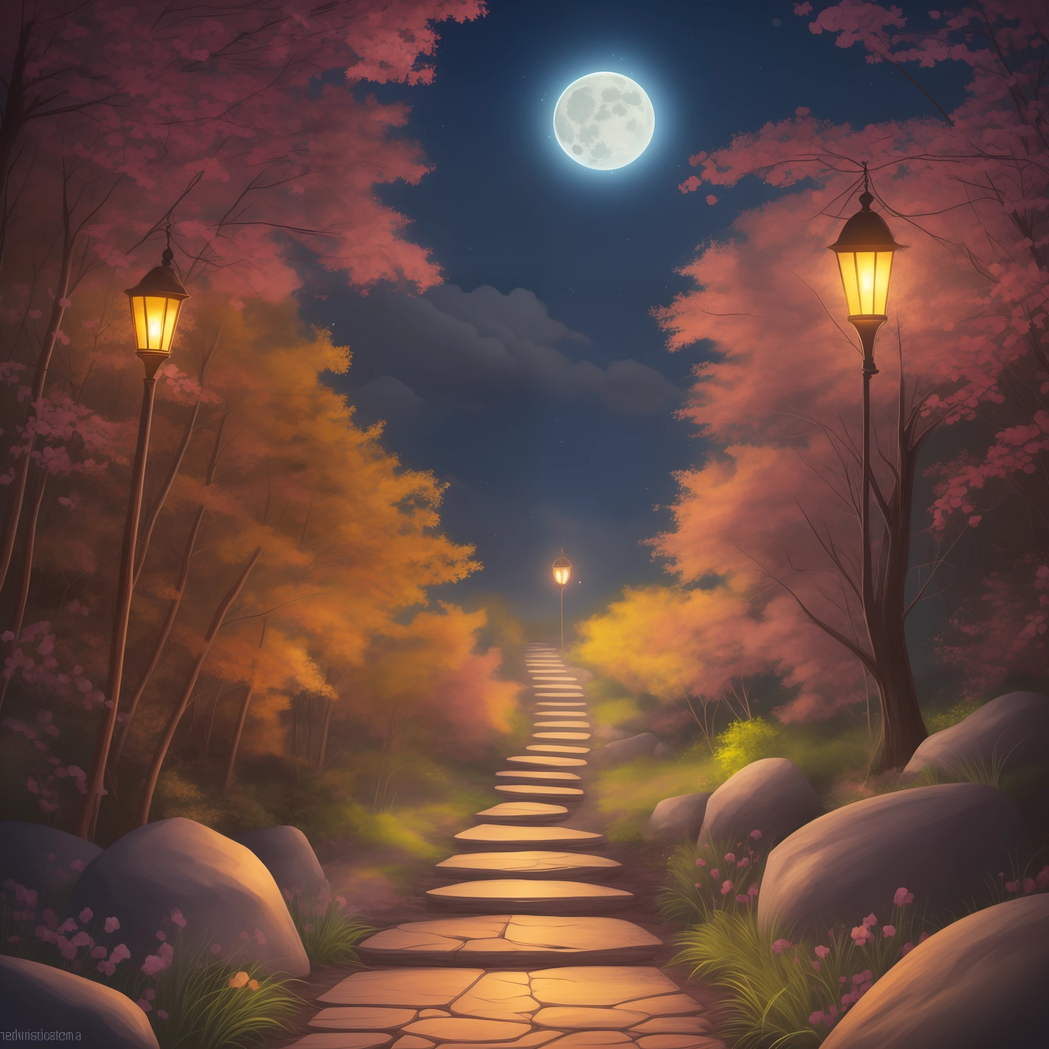 Magic florest, Night, Fireflies, Full Moon