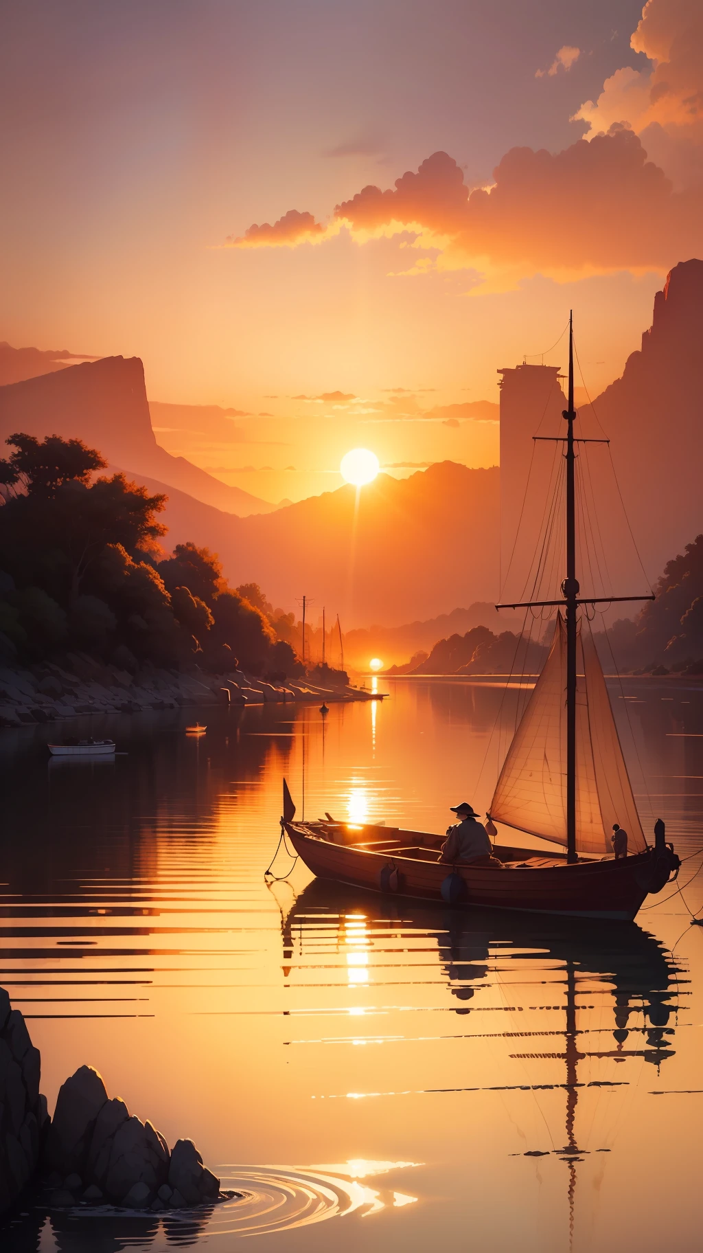 (masterpiece, highest quality, best quality: 1.4), illustration, watercolor, a sunset by the river, orange sun, small Chinese boats in the distance, river bend, wonderful colors, rocks, intense, high contrast, complex illustration