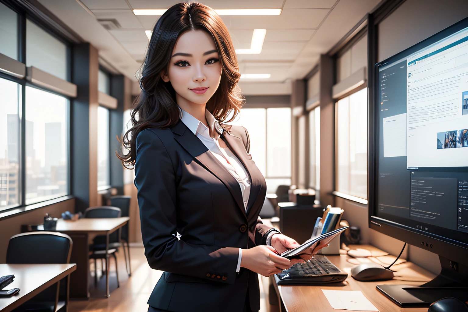 (8K、The Highest Quality)、super details、Obra、presentation、business、negotiation、business、wearing a suit、2女、1男、Beautiful Detailed、Detailed Office、Sweet smile、PHOTOREALISTIC、Super Realistic --auto