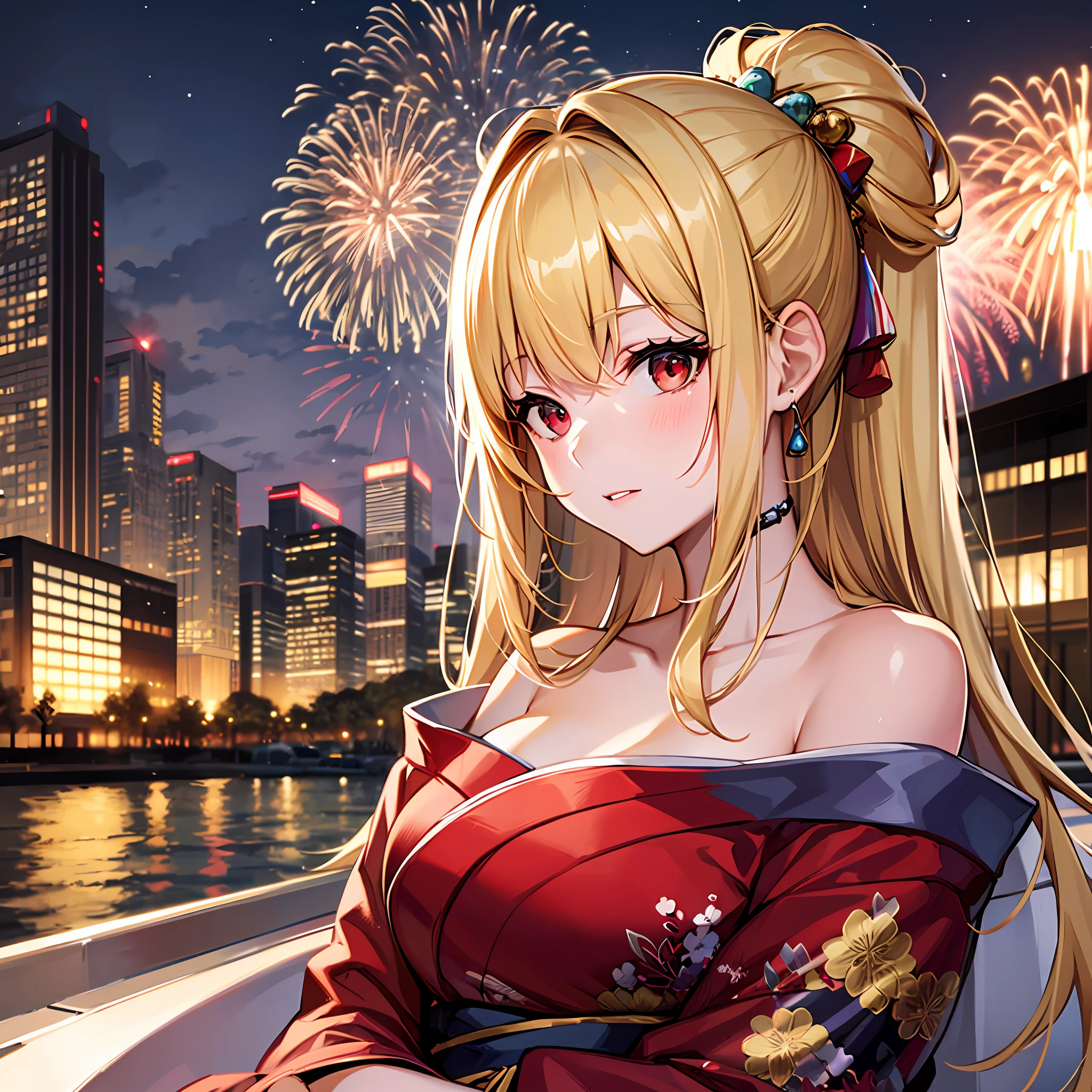 blonde girl, red eyes, kimono, off-shoulder, solo, sitting, night, fireworks
