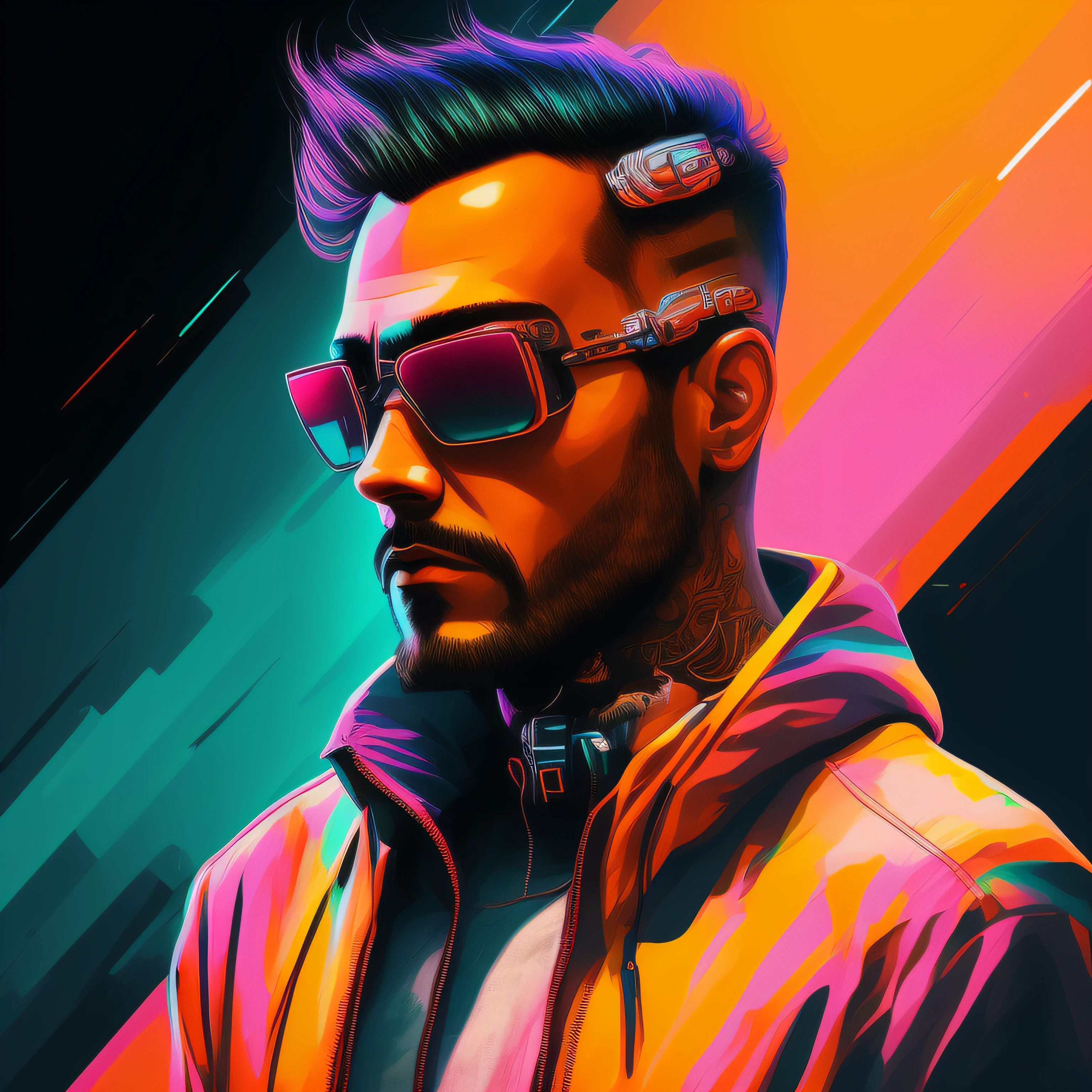 Man, cyberpunk style portrait, futuristic (neon: 1.1) reflective wear, science fiction. artgern, art, illustration, ((dark environment)), ((vegnette)), ((HDR)) ((minimal palette colors)), soft tones, soft colors, faint colors, calm, highly detailed pastel colors, intricate details